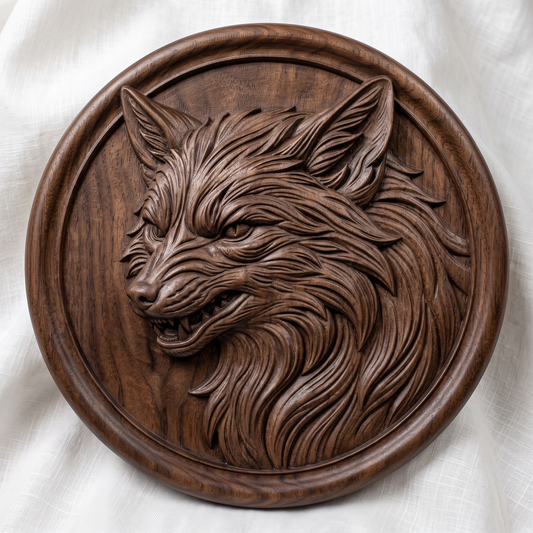 A high-relief 3D carving of a snarling fox head, bared teeth, narrow eyes, and a flowing fur mane rendered in fine raised detail. The bust is set within a raised circular medallion frame with a smooth rim. Carved wood texture shown for reference. Designed for CNC relief carving, wood routing, resin casting, and 3D printing as wall decor or a medallion plaque.