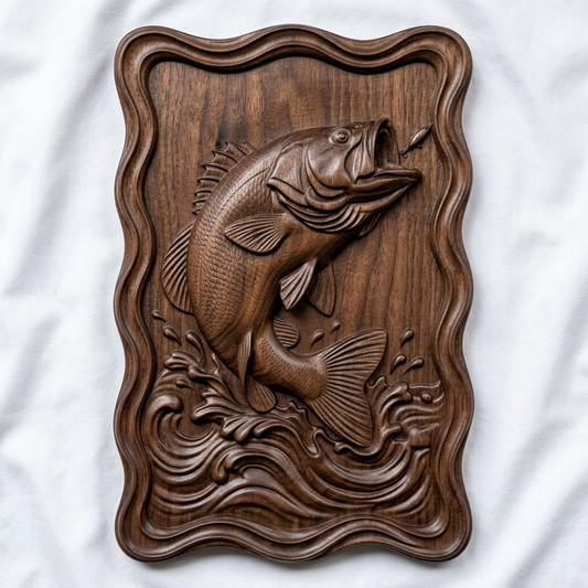 A detailed 3D bas-relief of a largemouth bass leaping from splashing water toward a fishing lure, set within a wavy scalloped-edge rectangular frame. Fine scale texture, fin detail, and dynamic water spray are carved in raised relief with a natural wood grain finish. Designed for CNC relief carving, wood routing, and 3D printing as fishing-themed wall decor.
