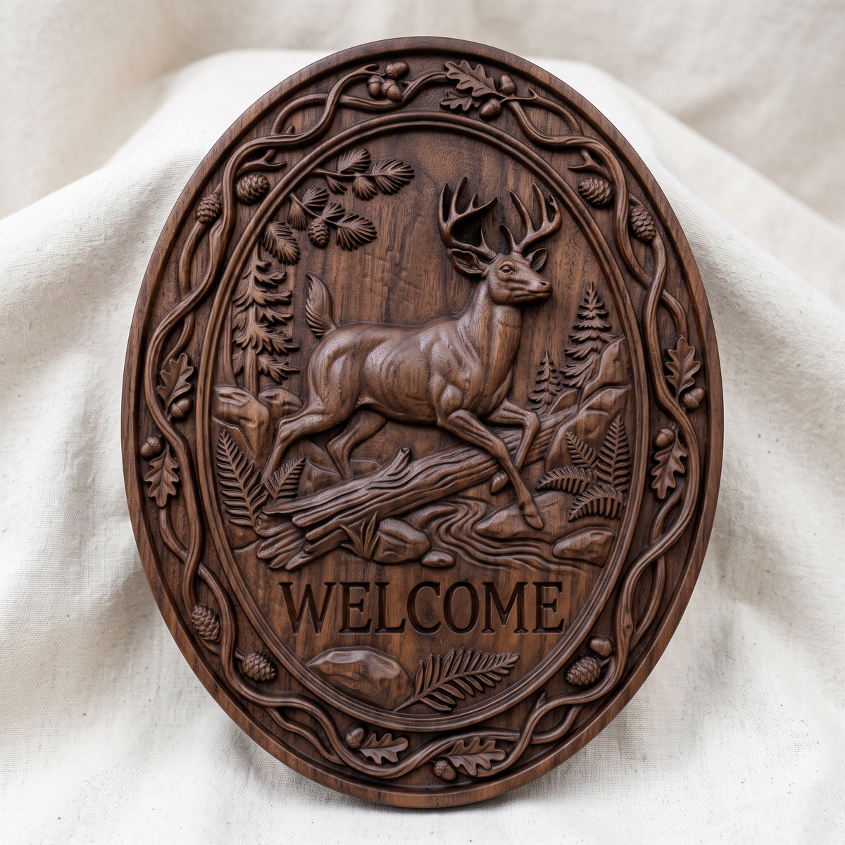 3D bas-relief welcome sign of a leaping buck with a full set of antlers, set in an oval frame with a raised vine border. Oak leaves, acorns, pine cones, ferns, rocks, a fallen log and a stream surround the deer, with carved WELCOME lettering below. Smooth sculpted anatomy and fine leaf detail. Designed for CNC relief carving, woodworking and 3D printing as oval wall decor.