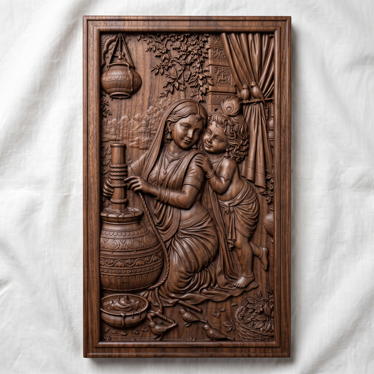 3D bas-relief of Yashoda churning butter beside young Krishna, who leans affectionately on her shoulder. The scene includes a hanging clay pot, flowering branches, a draped curtain with two parrots, and small birds at their feet, all carved with fine detail and rich wood grain texture. Set within a plain rectangular frame with a smooth molded border. Designed for CNC relief carving, wood routing, and 3D printing as devotional wall decor.