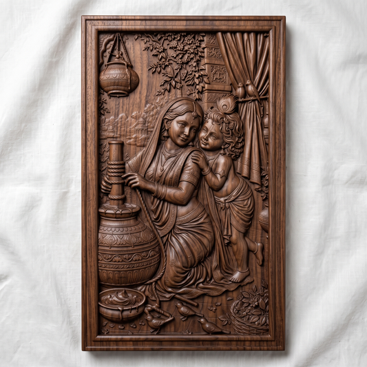 3D bas-relief of Yashoda churning butter beside young Krishna, who leans affectionately on her shoulder. The scene includes a hanging clay pot, flowering branches, a draped curtain with two parrots, and small birds at their feet, all carved with fine detail and rich wood grain texture. Set within a plain rectangular frame with a smooth molded border. Designed for CNC relief carving, wood routing, and 3D printing as devotional wall decor.