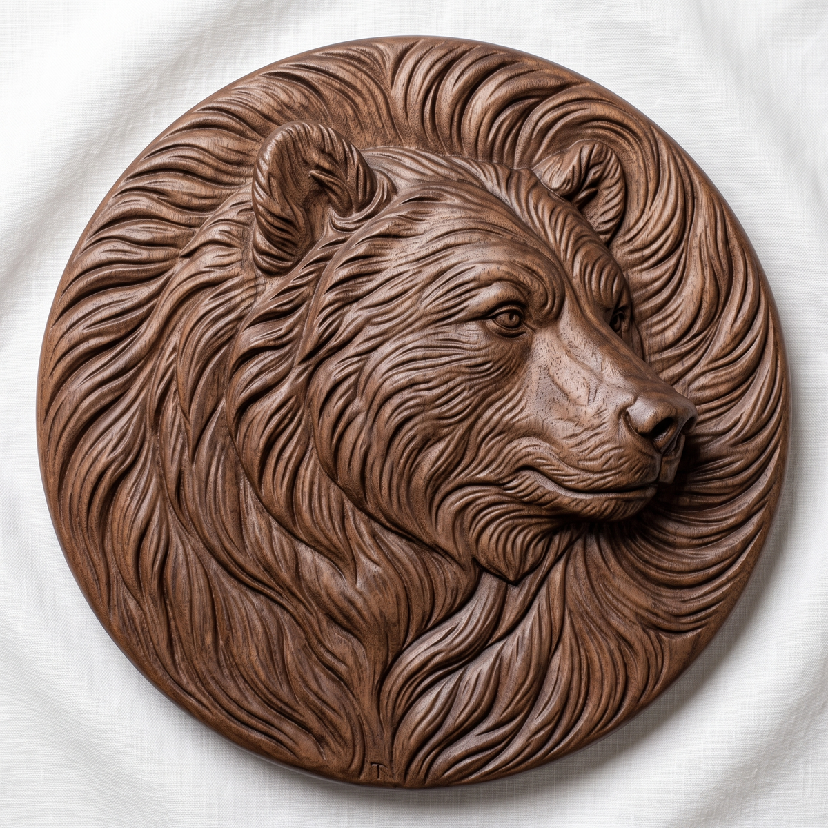 Detailed 3D bas-relief of a grizzly bear head in profile with flowing fur swirling to the edge of a round medallion disc, with expressive eyes, rounded ears and textured muzzle. Shown in carved walnut wood and grey resin. Designed for CNC relief carving, woodworking and 3D printing as rustic cabin wildlife wall decor.