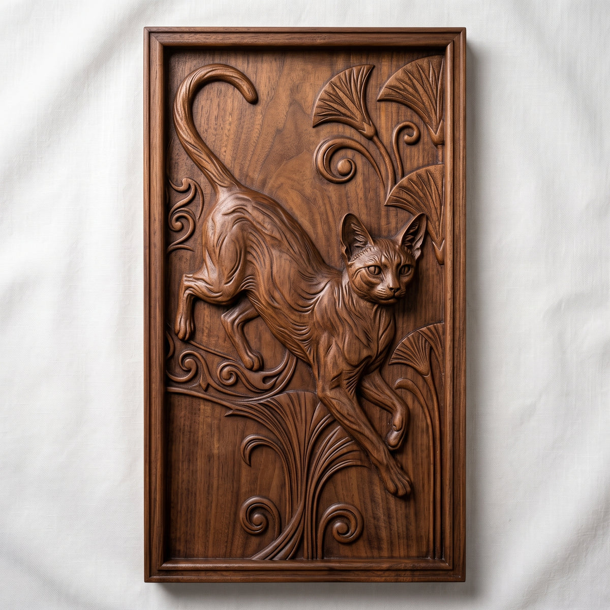 Sleek Oriental cat caught mid-leap with a curled tail, carved as a detailed 3D bas-relief among art nouveau lily fans and spiraling scrollwork. The design sits within a molded rectangular frame border. Designed for CNC relief carving, wood routing, and 3D printing as wall decor.