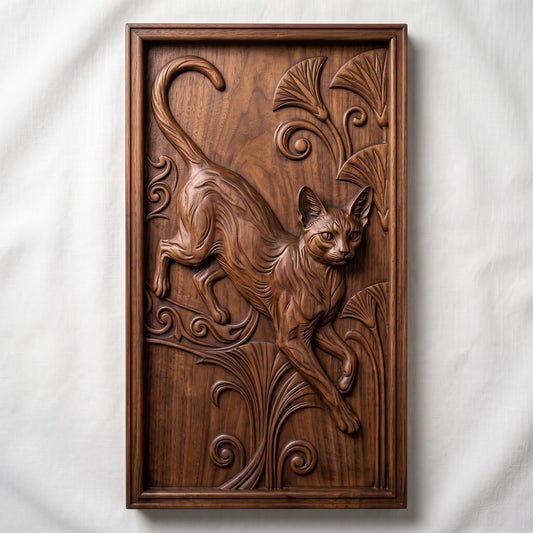 Sleek Oriental cat caught mid-leap with a curled tail, carved as a detailed 3D bas-relief among art nouveau lily fans and spiraling scrollwork. The design sits within a molded rectangular frame border. Designed for CNC relief carving, wood routing, and 3D printing as wall decor.