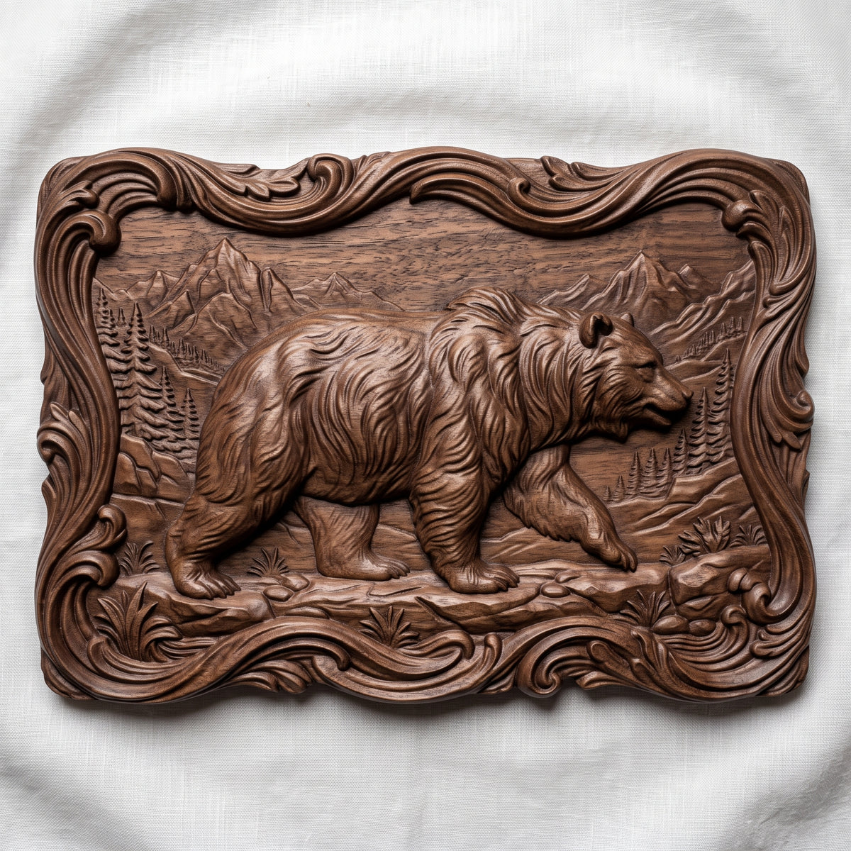 Detailed 3D bas-relief of a walking grizzly bear in side profile with thick shaggy fur, one front paw raised, set in a mountain valley with pine trees, grass tufts and rocks. Framed by an ornate wavy scrollwork border with a flowing irregular edge. Shown in carved walnut wood and grey resin. Designed for CNC relief carving, woodworking and 3D printing as rustic cabin wildlife wall decor.