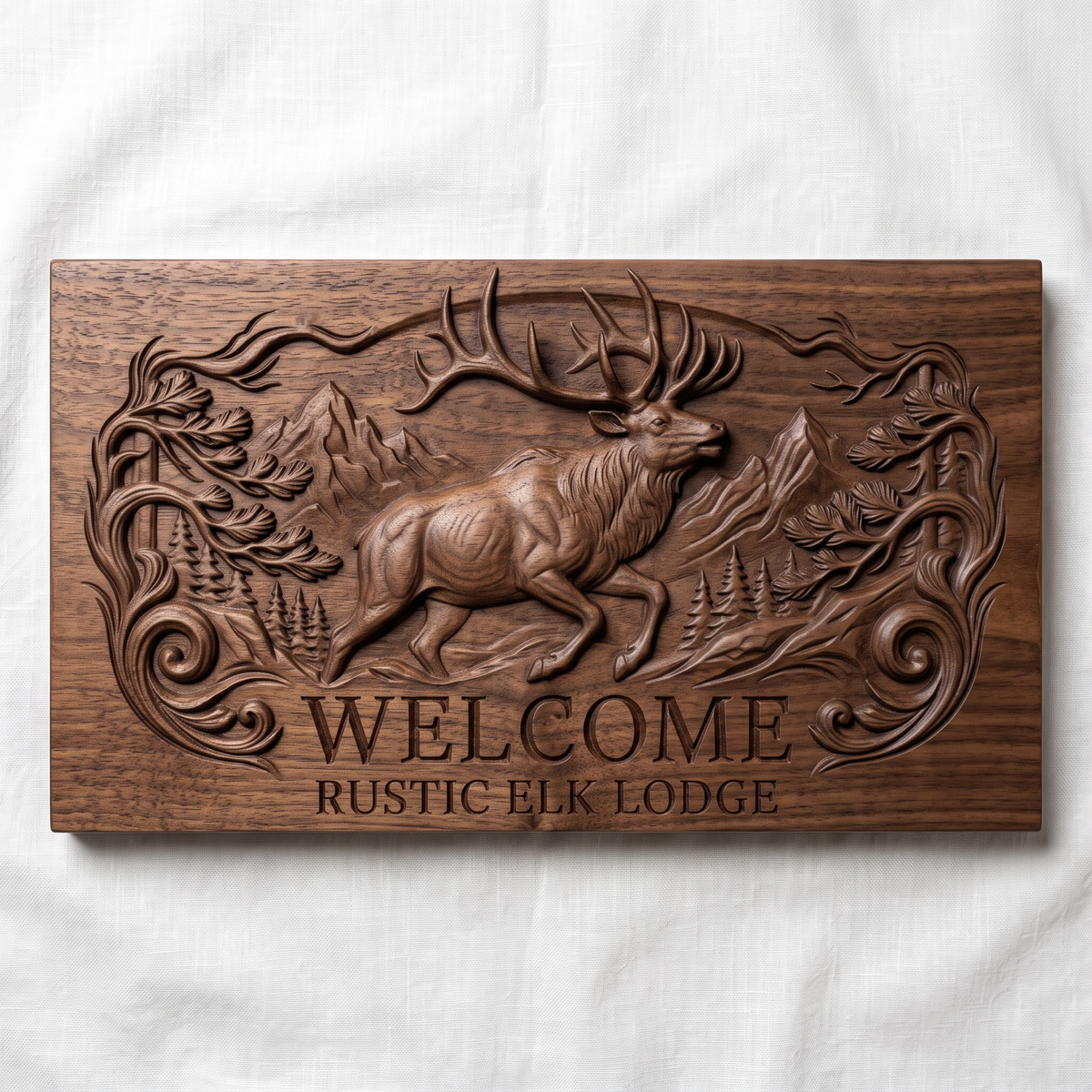 Detailed 3D bas-relief of a bugling bull elk leaping before snowy mountain peaks and pine forest, framed by carved pine branches and scrollwork, with raised WELCOME and RUSTIC ELK LODGE lettering. Shown on a flat rectangular slab in carved walnut wood. Designed for CNC relief carving, woodworking and 3D printing as a rustic lodge entry sign.