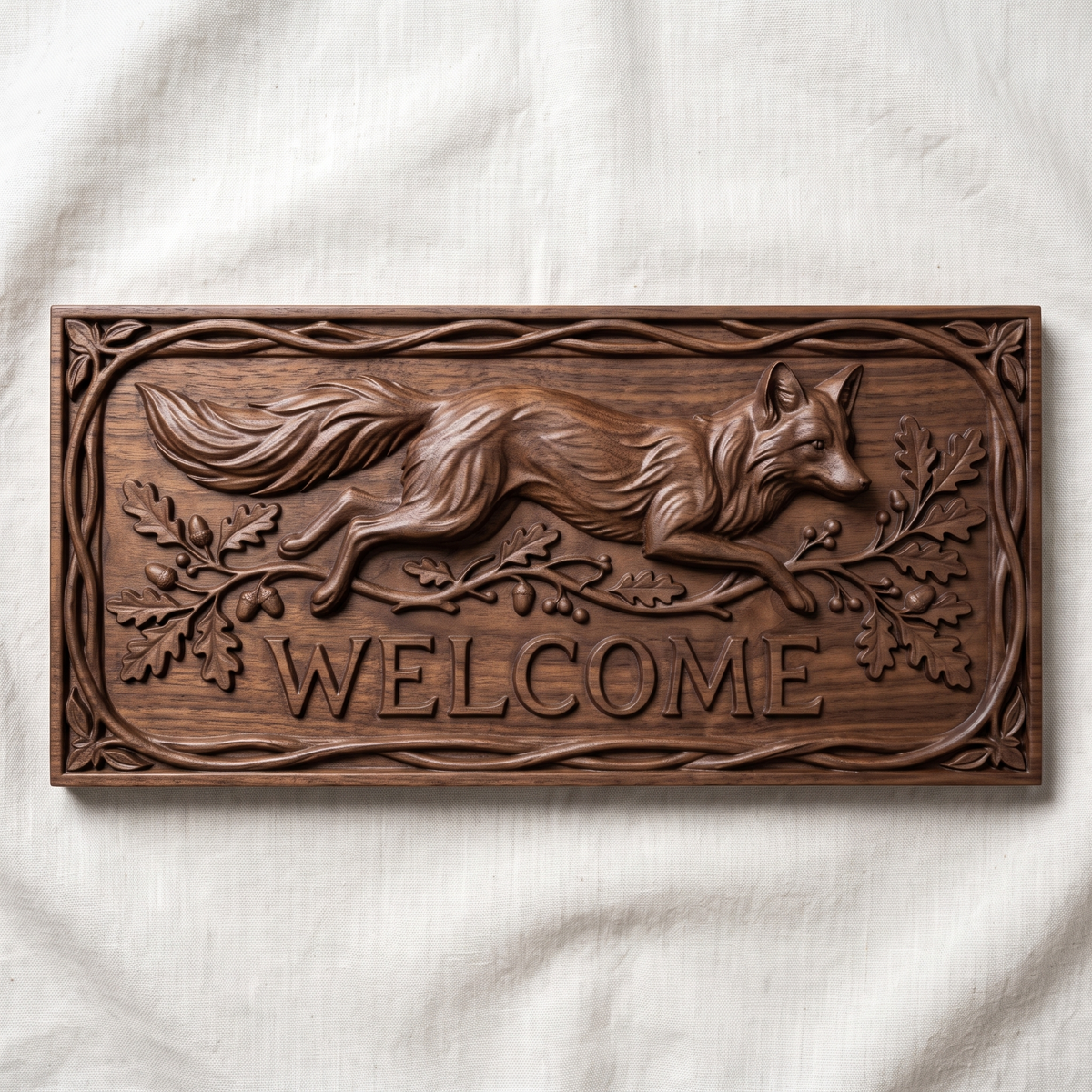 Detailed 3D bas-relief welcome sign showing a red fox leaping to the right with a long bushy tail, set over a flowing branch of oak leaves, acorns and berries. Raised WELCOME lettering sits below, all inside a wide rectangular frame of twisted vines with leaf accents at each corner. Designed for CNC relief carving, wood routing and 3D printing as rustic front door or porch decor.