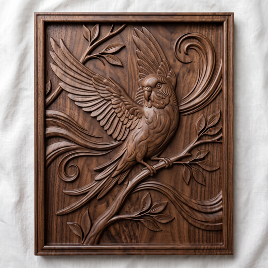Highly detailed 3D bas-relief of a budgerigar parakeet with wings fully spread and raised, perched on a leafy branch with tail feathers fanned below, set against decorative scrollwork carved in rich walnut wood. The scene is framed by a raised, molded picture-frame border on a vertical rectangular panel. Fine relief carving captures individual feather barbs, leaf veins, and natural wood grain throughout. Designed for CNC relief carving, wood routing, and 3D printing as bird lover, nature-inspire