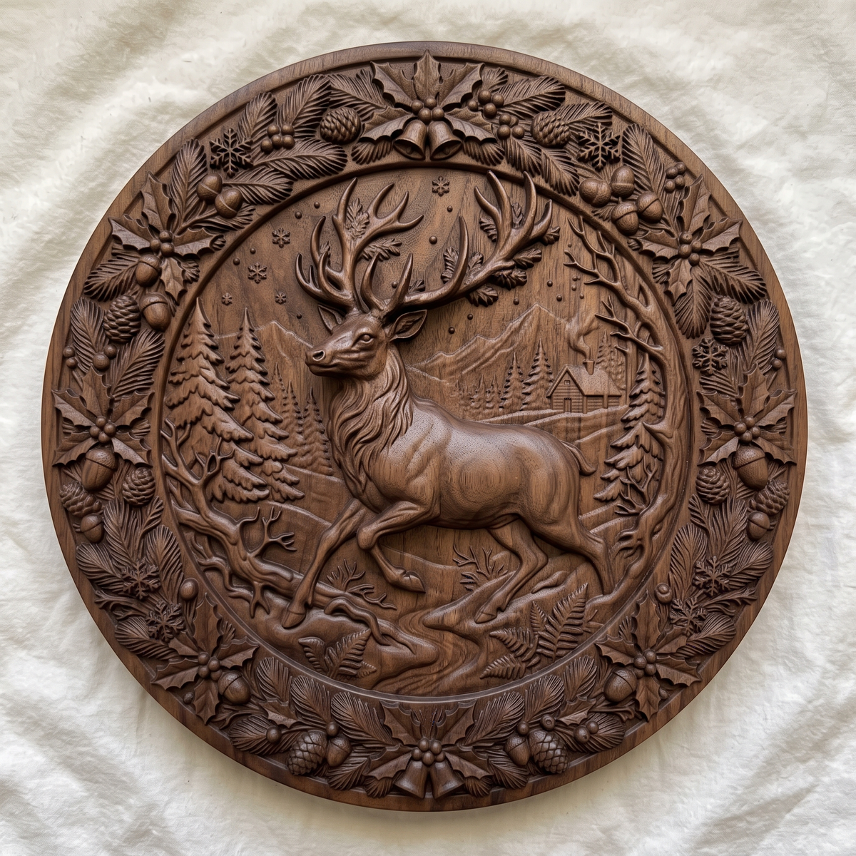 Detailed 3D bas-relief of a leaping stag with large antlers in a snowy pine forest with a log cabin and mountains, set inside a round medallion. The raised border is a wreath of holly leaves, berries, pine branches, cones, acorns, snowflakes and jingle bells. Fine fur and foliage texture. Designed for CNC relief carving, woodworking and 3D printing as Christmas wall decor.