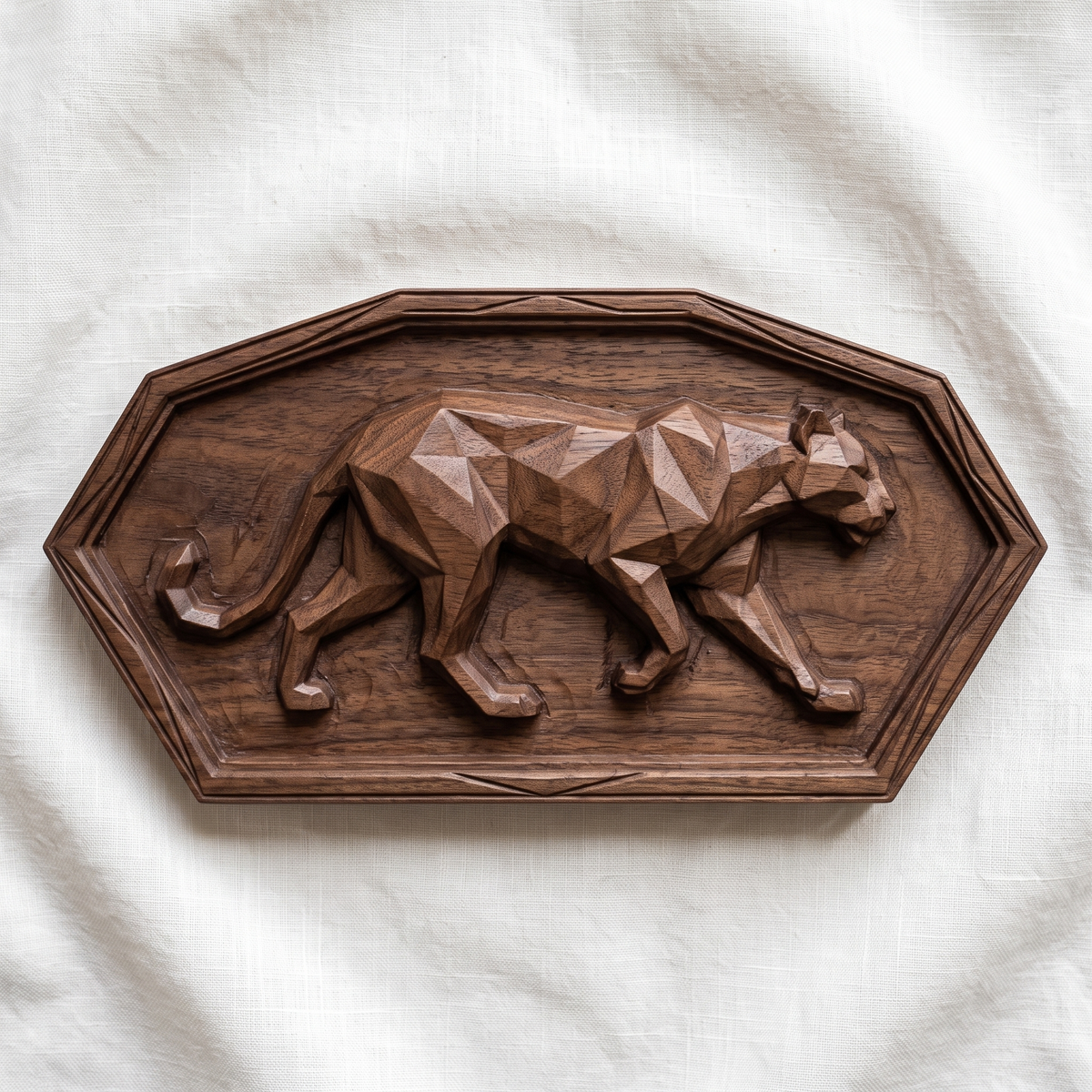 Low poly mountain lion carved in dark walnut wood inside a chamfered rectangular frame with stepped raised border, shown as a workshop mockup and a grey resin render. Digital STL relief file for CNC routers and 3D printers, ideal for wildlife wall art, panels and woodworking projects.