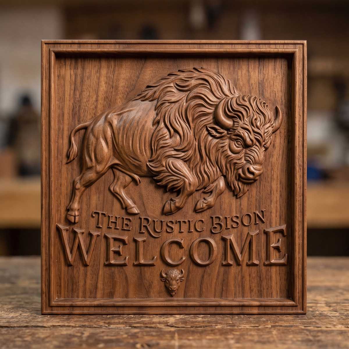 High-relief 3D bas-relief of a charging American bison with a shaggy mane and curved horns inside a stepped square frame. Raised lettering reads The Rustic Bison Welcome, with a small bison head emblem below. Fine fur and muscle detail on a flat panel. Designed for CNC relief carving, wood routing and 3D printing as a rustic welcome sign for a cabin, ranch or porch.