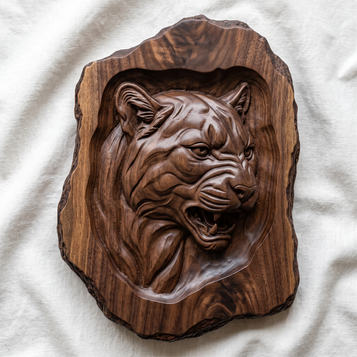 Carved walnut wood mountain lion head cutout with an irregular live edge outline, shown as a CNC relief model on a workshop bench and as a grey resin render. Digital STL file for CNC routers and 3D printers, ideal for wall art, wildlife decor and woodworking projects.