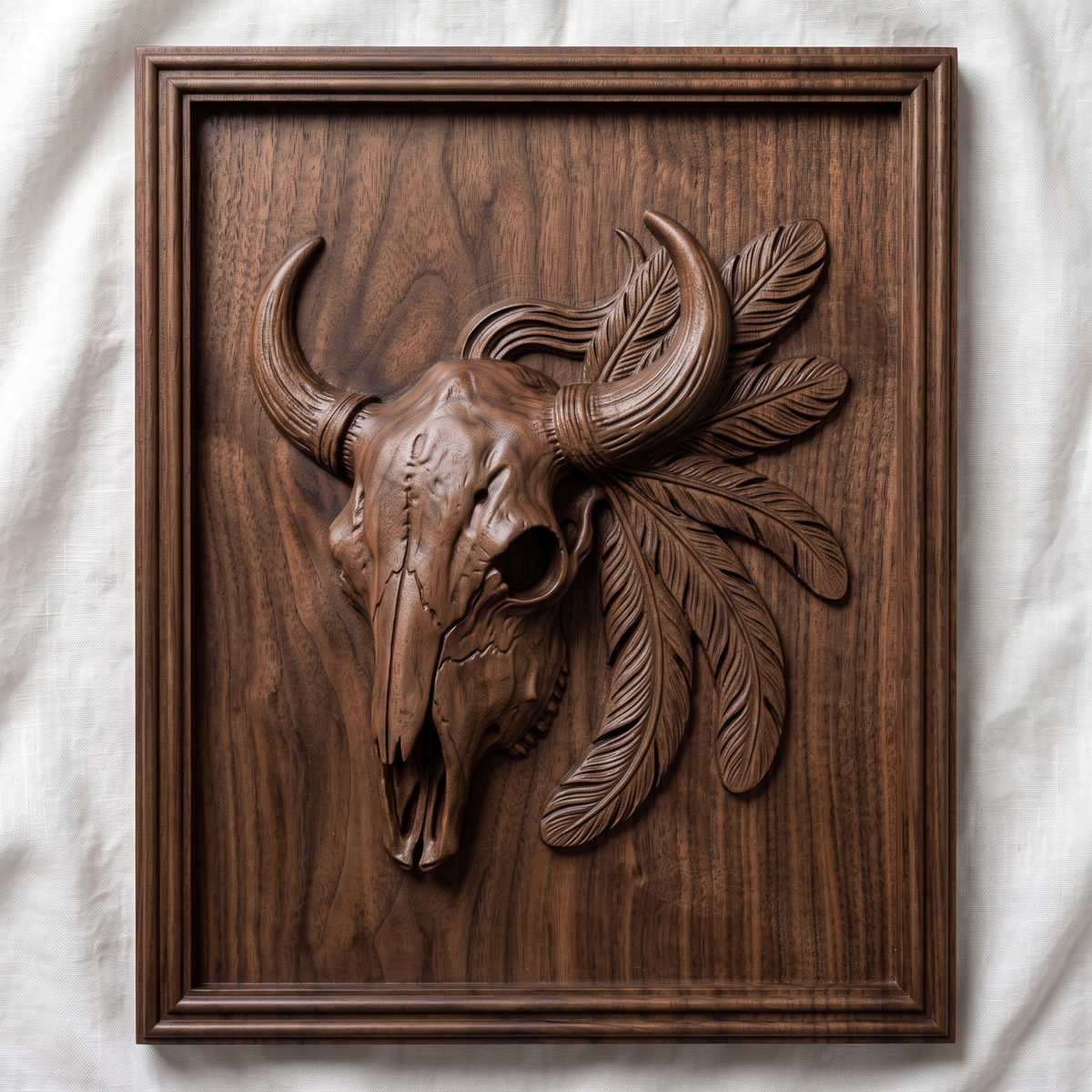 Detailed 3D bas-relief of a bison skull with two curved horns wrapped in leather bands, flowing mane wisps and five carved feathers hanging to the side, set inside a rectangular panel with a stepped molded frame. Rich walnut wood grain and raised detail. Designed for CNC relief carving, woodworking and 3D printing as rustic western wall decor.
