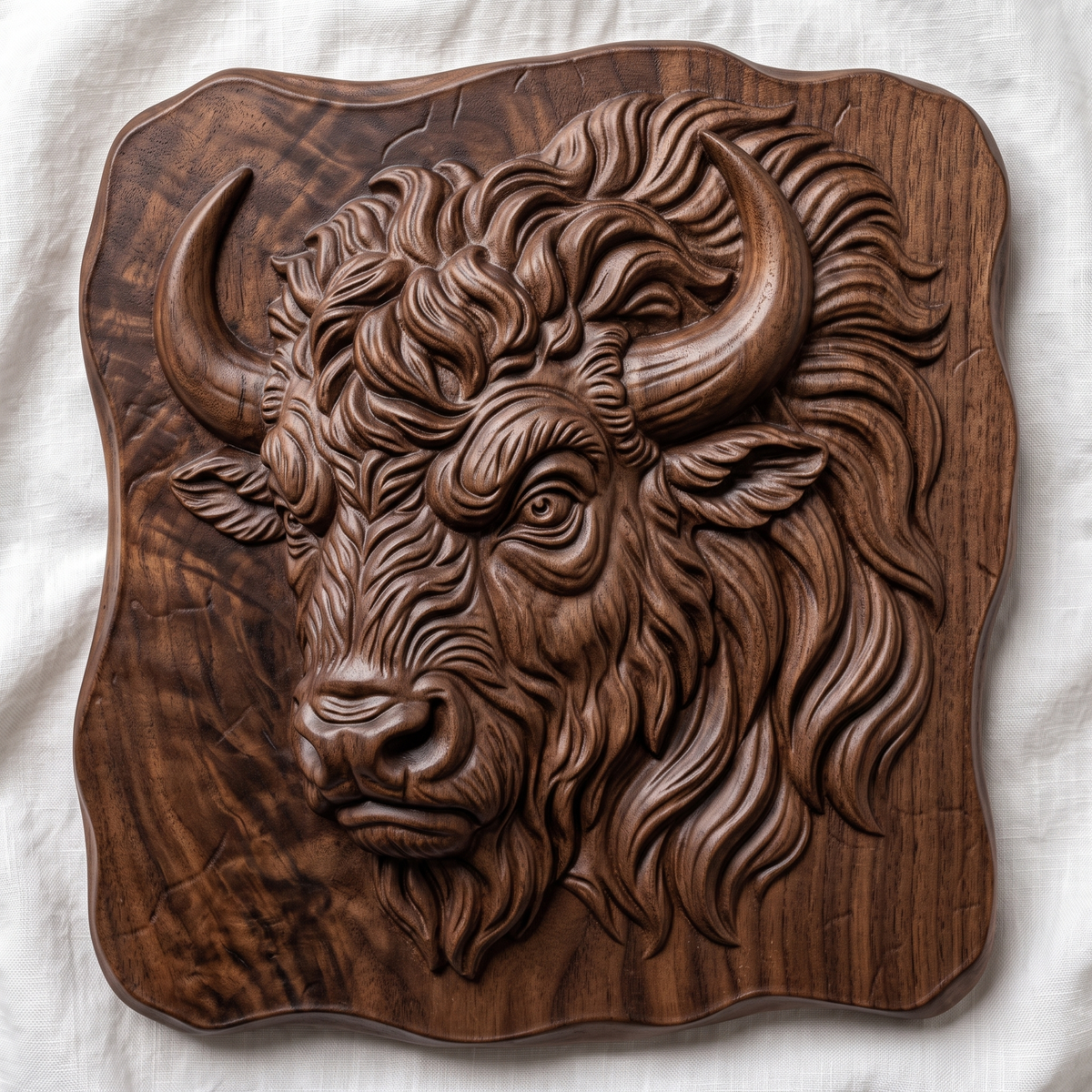 Bison head with long curved horns, shaggy mane and a fierce eye, carved in high relief on an irregular wavy cracked-stone slab, shown as a nearly square slab plaque without a frame, digital STL model for CNC router carving and 3D printing.