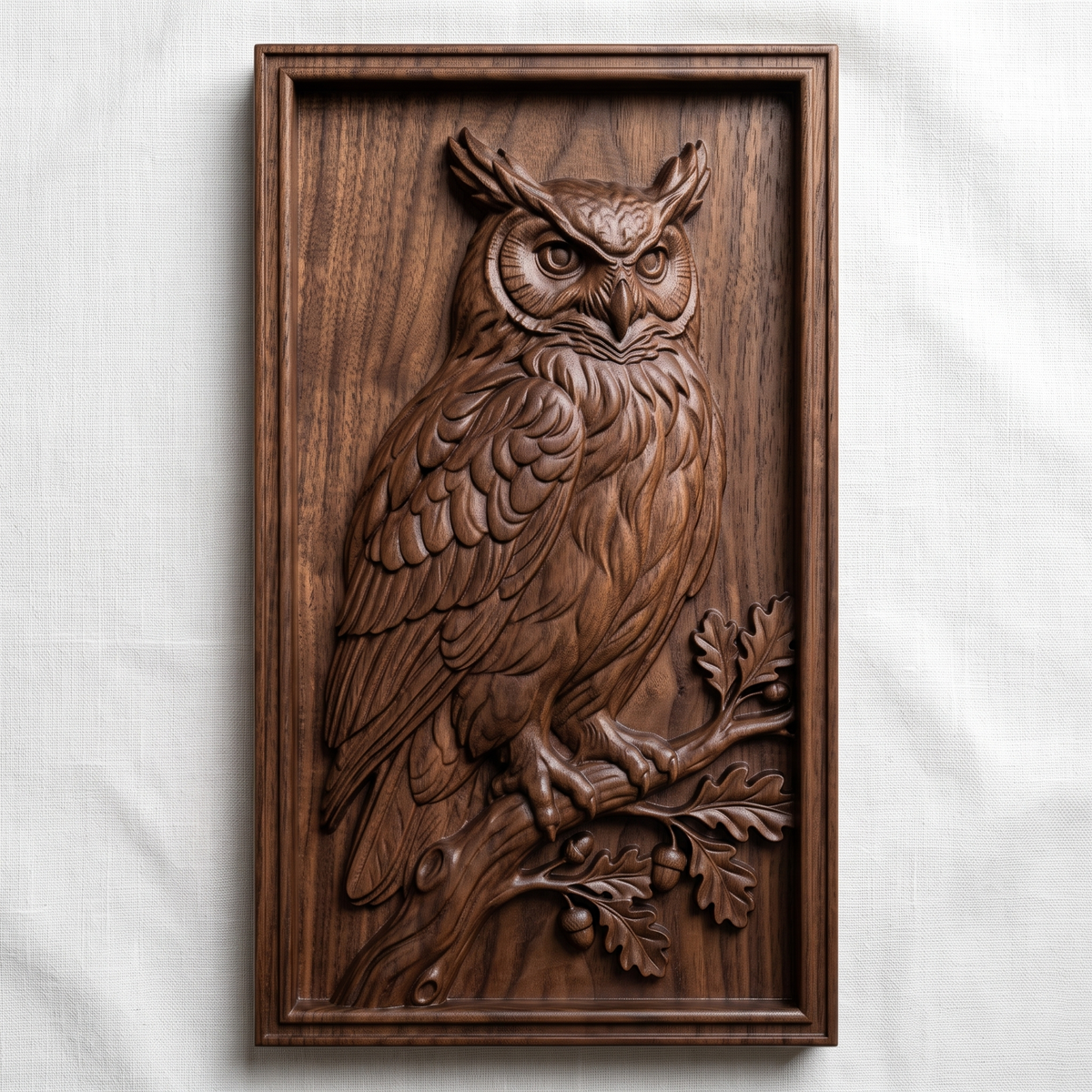 Detailed 3D bas-relief of a great horned owl perched on an oak branch, wings folded, large forward-facing eyes, surrounded by acorns and oak leaves. Carved in rich walnut wood grain with fine feather texture, set within a raised rectangular frame border. Designed for CNC relief carving, wood routing, resin casting, and 3D printing as wall decor.