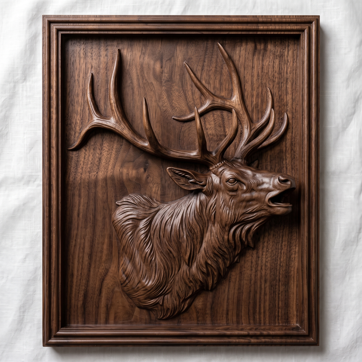 Detailed 3D bas-relief of a bugling bull elk head and shoulders with open mouth, large branching antlers, shaggy mane and fine fur texture. Set in a rectangular panel with a stepped molded frame, shown in carved walnut wood. Designed for CNC relief carving, woodworking and 3D printing as rustic wildlife wall decor.