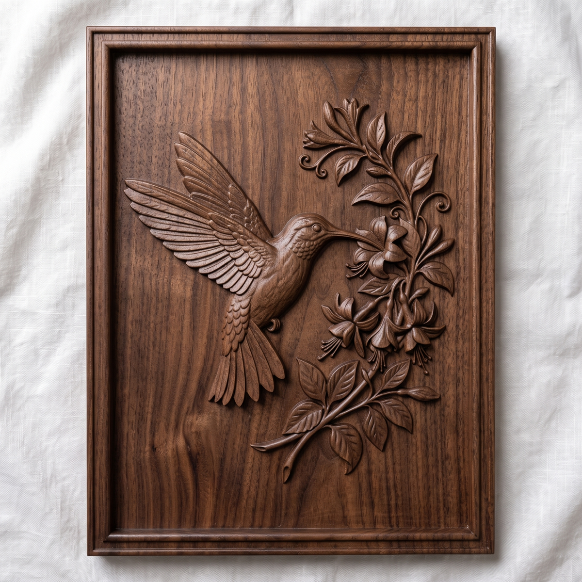 Detailed 3D bas-relief of a hummingbird in flight, wings fully spread, feeding at a cluster of trumpet-shaped fuchsia flowers with curling vines and leaves. Carved in rich walnut wood grain with fine feather texture, set within a raised rectangular frame border. Designed for CNC relief carving, wood routing, resin casting, and 3D printing as wall decor.