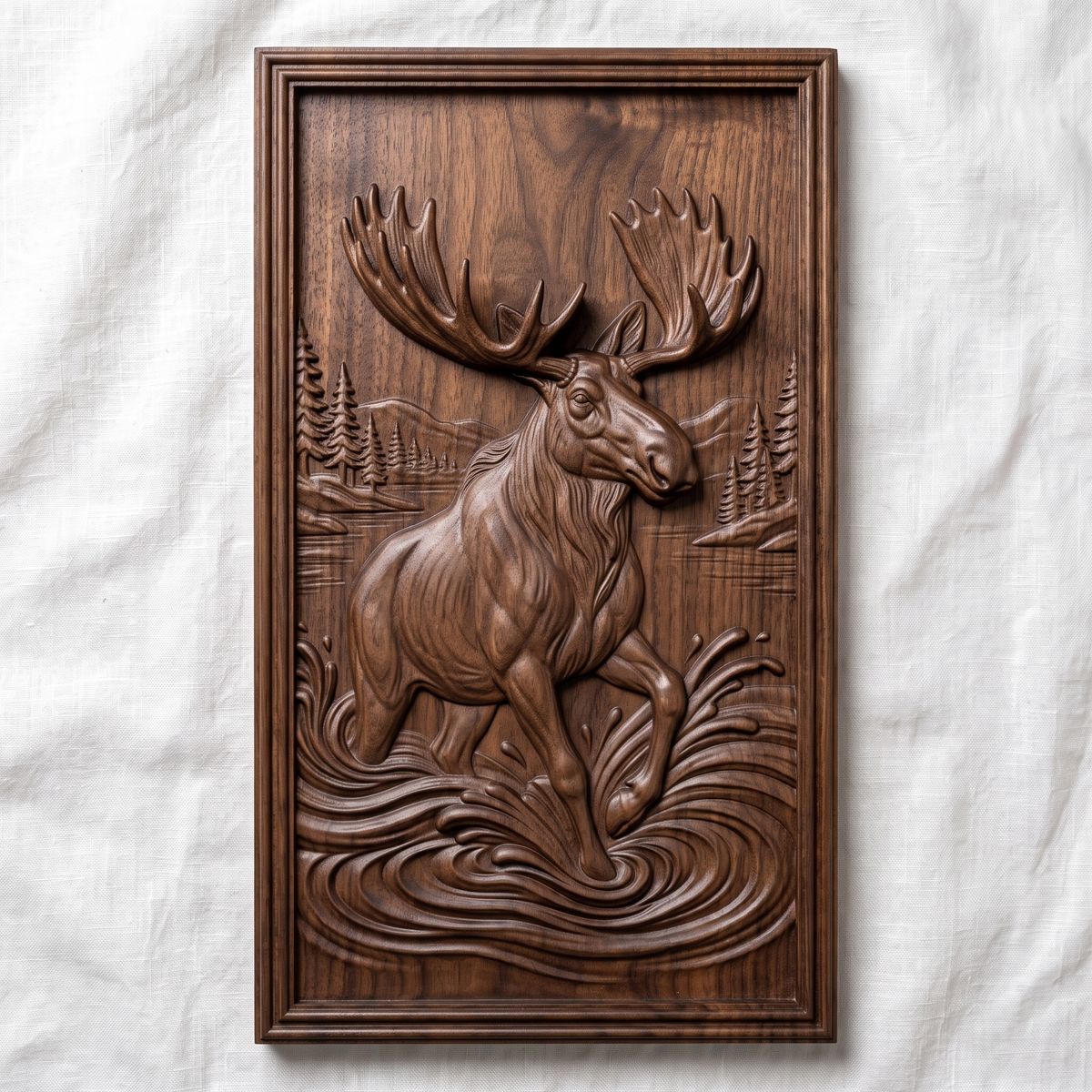 High-relief 3D bas-relief of a big moose with huge antlers wading through splashing lake water, with pine trees, lake shore and distant mountains behind, set in a tall portrait rectangular plaque with a stepped molded border. Fine fur, muscle and layered water ripple detail. Designed for CNC relief carving, wood routing and 3D printing as rustic wildlife wall decor for a cabin, lodge or den.