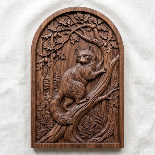 Detailed 3D bas-relief of a raccoon standing upright on its hind legs, one paw resting on a carved tree trunk, framed by an oak leaf and acorn canopy above and ferns below. Carved wood texture with fine fur detail on an arched-top rectangular panel. Designed for CNC relief carving, wood routing, and 3D printing as woodland wall decor.