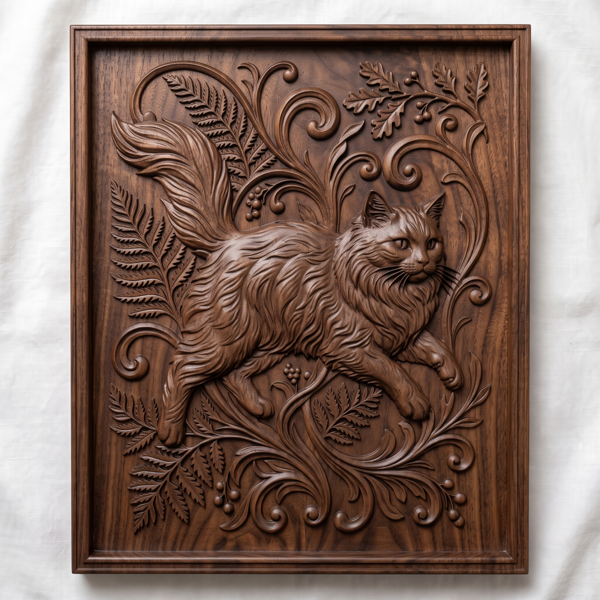 Longhair cat in mid-stride surrounded by fern fronds, oak leaves, and baroque scrollwork, carved as a detailed 3D bas-relief with raised fur texture and a flowing tail. The scene sits within a molded rectangular frame border. Designed for CNC relief carving, wood routing, and 3D printing as wall decor.