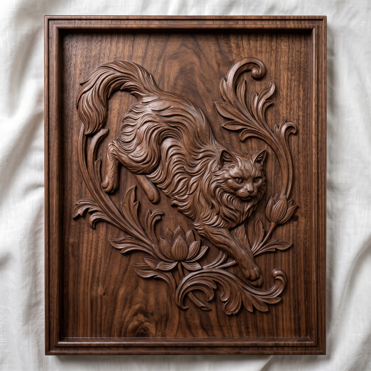 Long-haired cat in a leaping pose with a large curled tail, carved in detailed 3D bas-relief and surrounded by baroque acanthus scrollwork and blooming lotus flowers. The design sits within a raised rectangular frame border, shown here in dark walnut wood and grey resin finishes. Designed for CNC relief carving, wood routing, and 3D printing as wall decor.