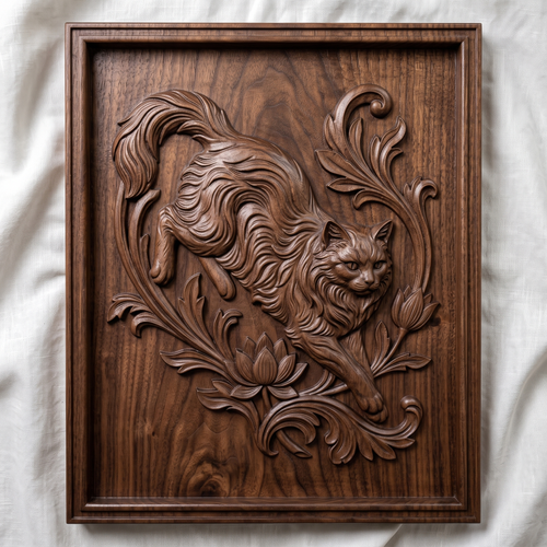 Cat STL 3D Model, Baroque Floral Frame, CNC Relief, Digital Download