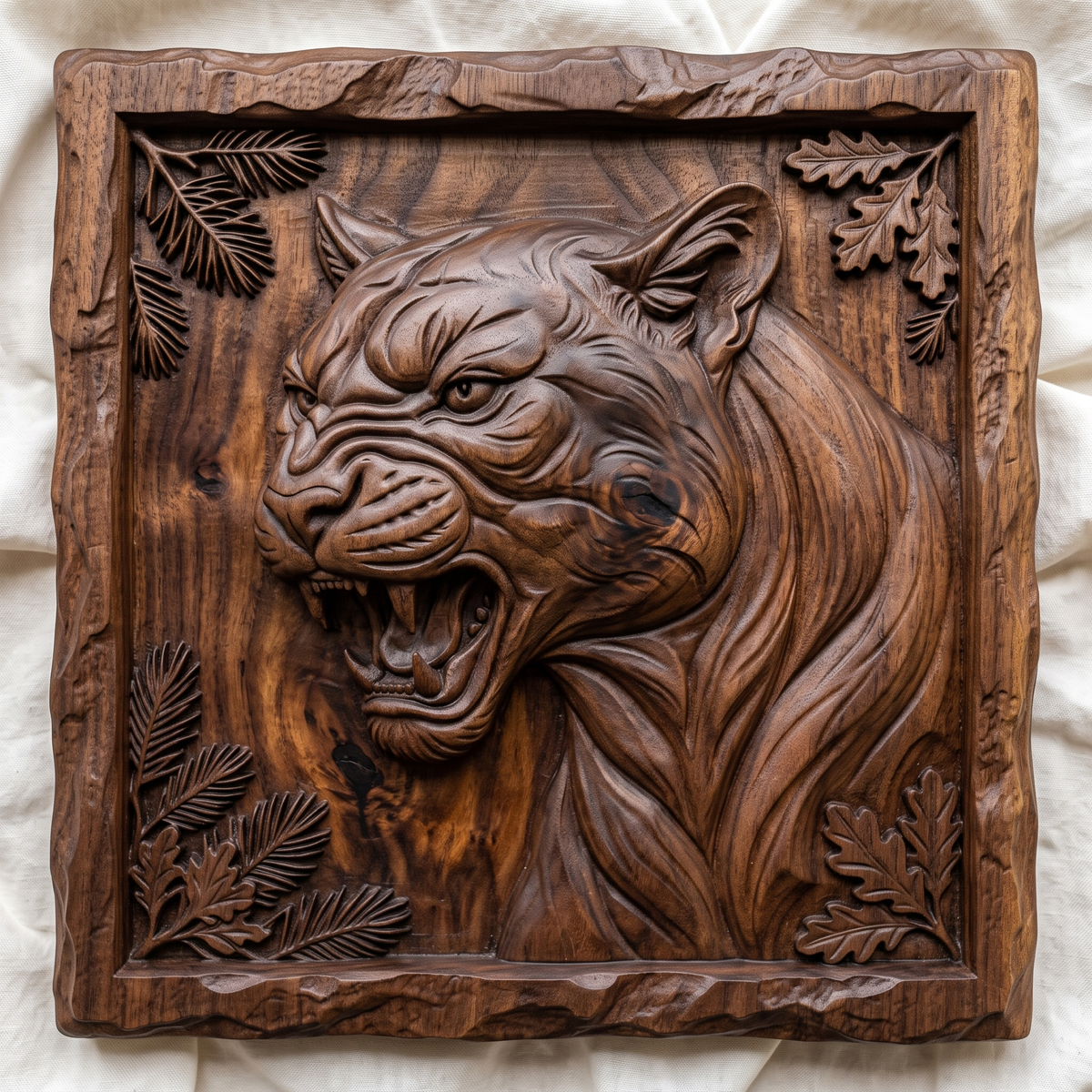 Snarling mountain lion head carved in dark walnut wood inside a square rustic rock-edge frame with pine and oak leaf corners, shown as a workshop mockup and a grey resin render. Digital STL relief file for CNC routers and 3D printers, ideal for wildlife wall art, panels and woodworking projects.