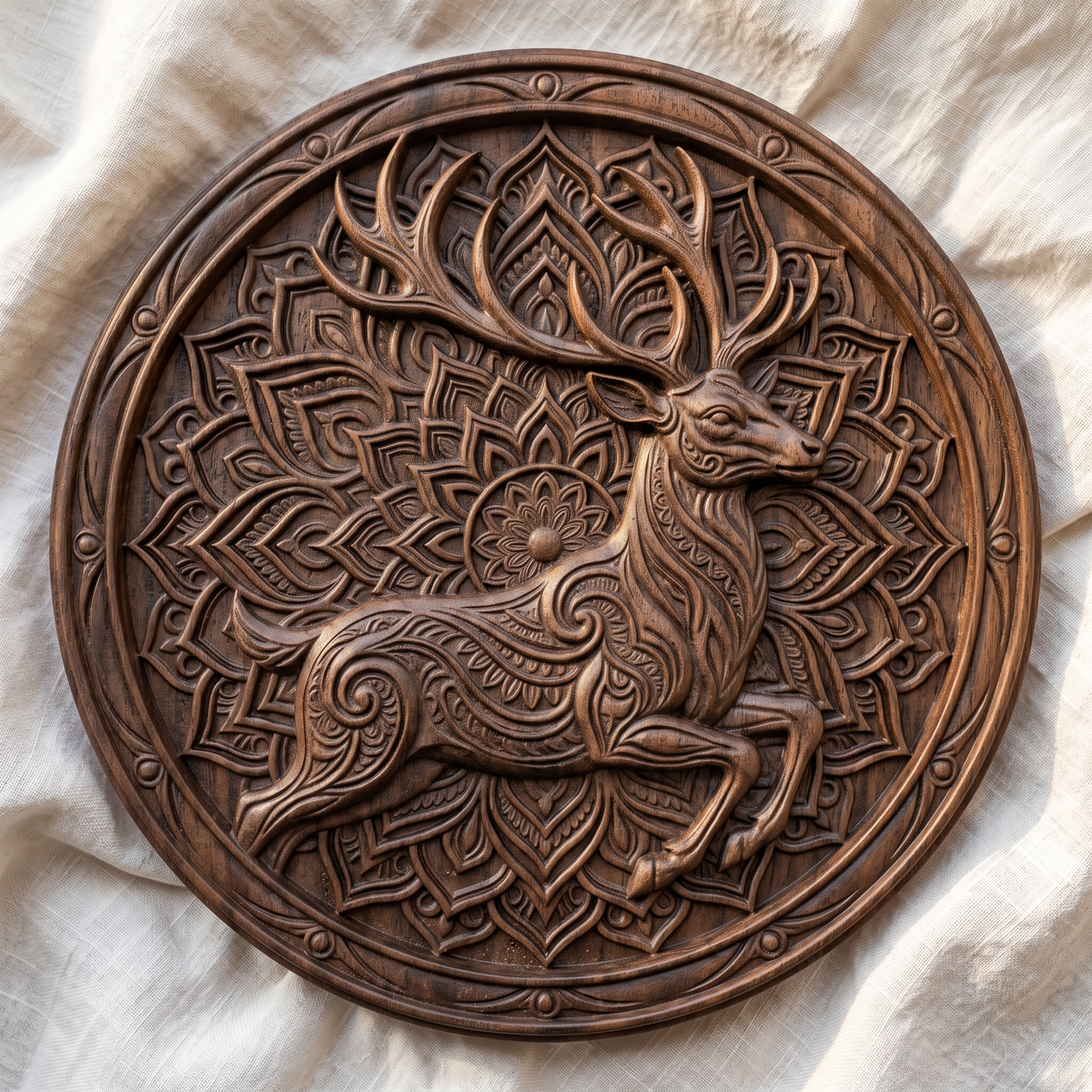 Detailed 3D bas-relief of a leaping stag with large branching antlers, its body carved with flowing swirl and paisley patterns, set against a lotus mandala of layered petals. A raised circular frame with a stepped ring and bead accents surrounds the scene. Fine carved texture and depth. Designed for CNC relief carving, woodworking, resin casting and 3D printing as wall decor.