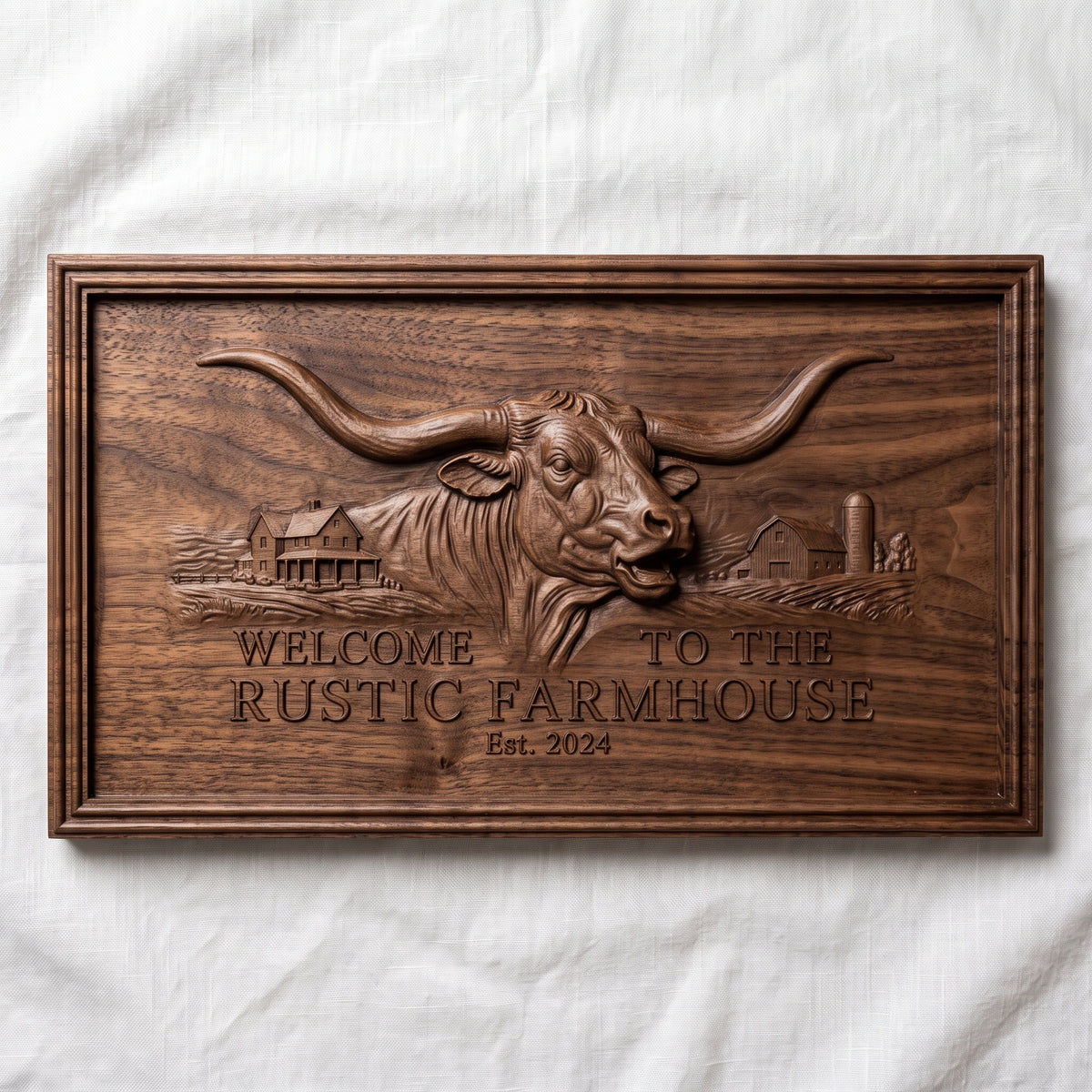 Detailed 3D bas-relief of a Texas longhorn bull with wide curved horns, set in a farmhouse and barn landscape with rolling fields and a silo. Raised lettering reads Welcome to the Rustic Farmhouse Est. 2024 below the bull, all inside a stepped molded rectangular frame. Fine hair, horn and wood-ready surface detail. Made for CNC router carving, woodworking, 3D printing and rustic western wall decor.