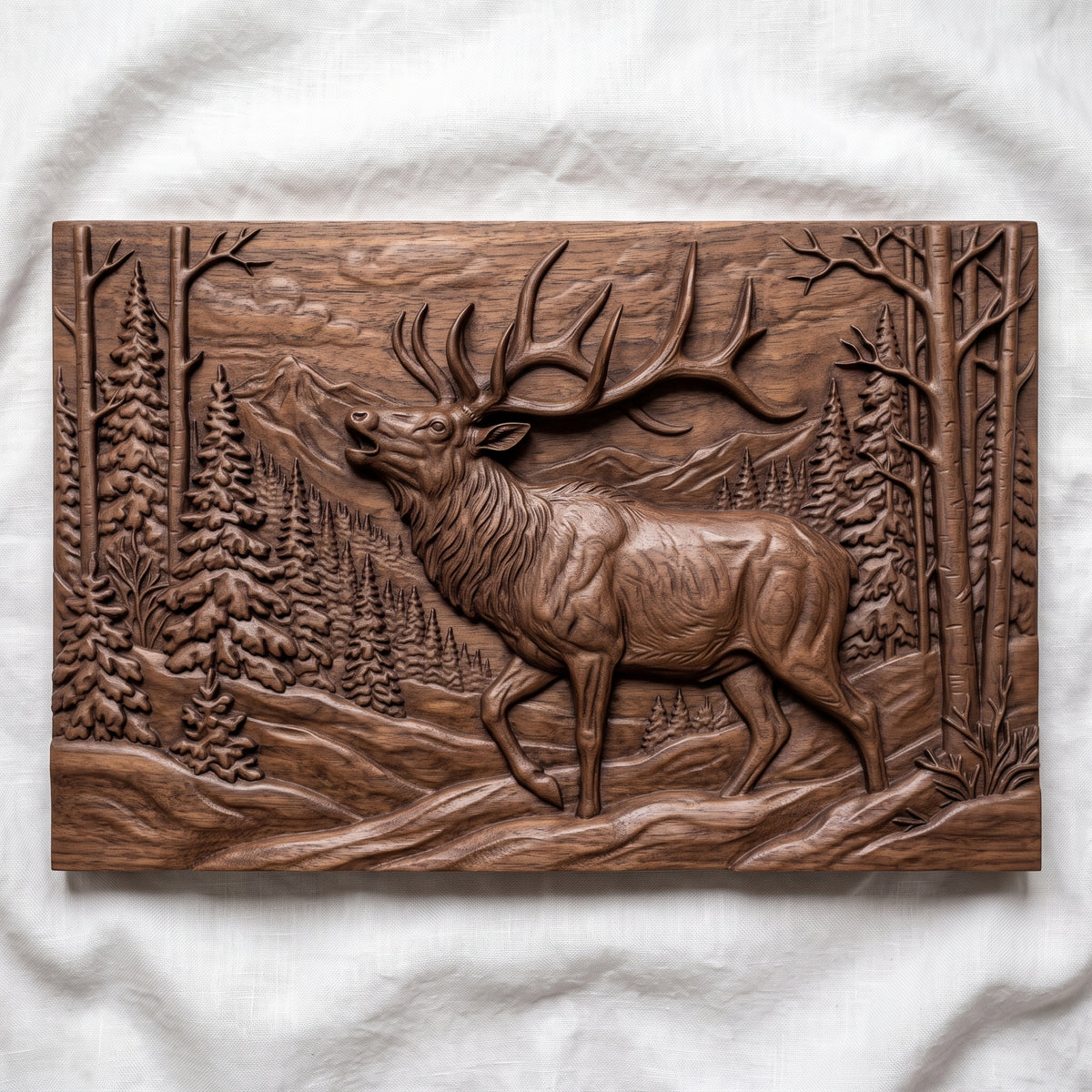 Detailed 3D bas-relief of a bugling bull elk with large antlers stepping through a snowy winter forest, with spruce trees, bare birches, snowdrifts and distant mountains, set on a flat rectangular slab. Shown in carved walnut wood and grey resin. Designed for CNC relief carving, woodworking and 3D printing as rustic cabin wildlife wall decor.