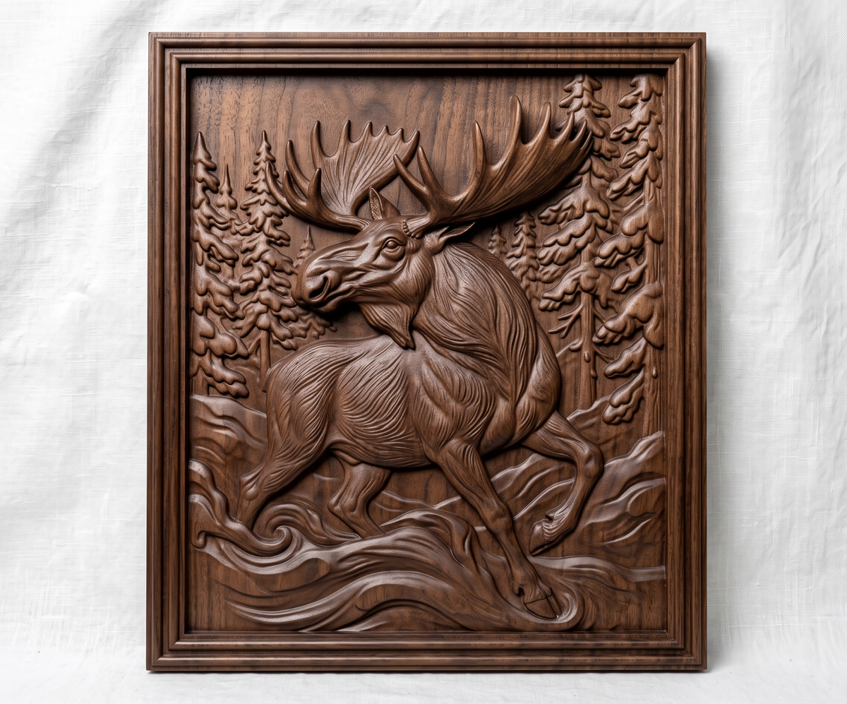 Realistic running moose with huge antlers and one front leg raised, framed by snow-covered pine trees with swirling snow waves below, shown as a portrait rectangular frame relief plaque with a stepped molded border, digital STL model for CNC router carving and 3D printing.
