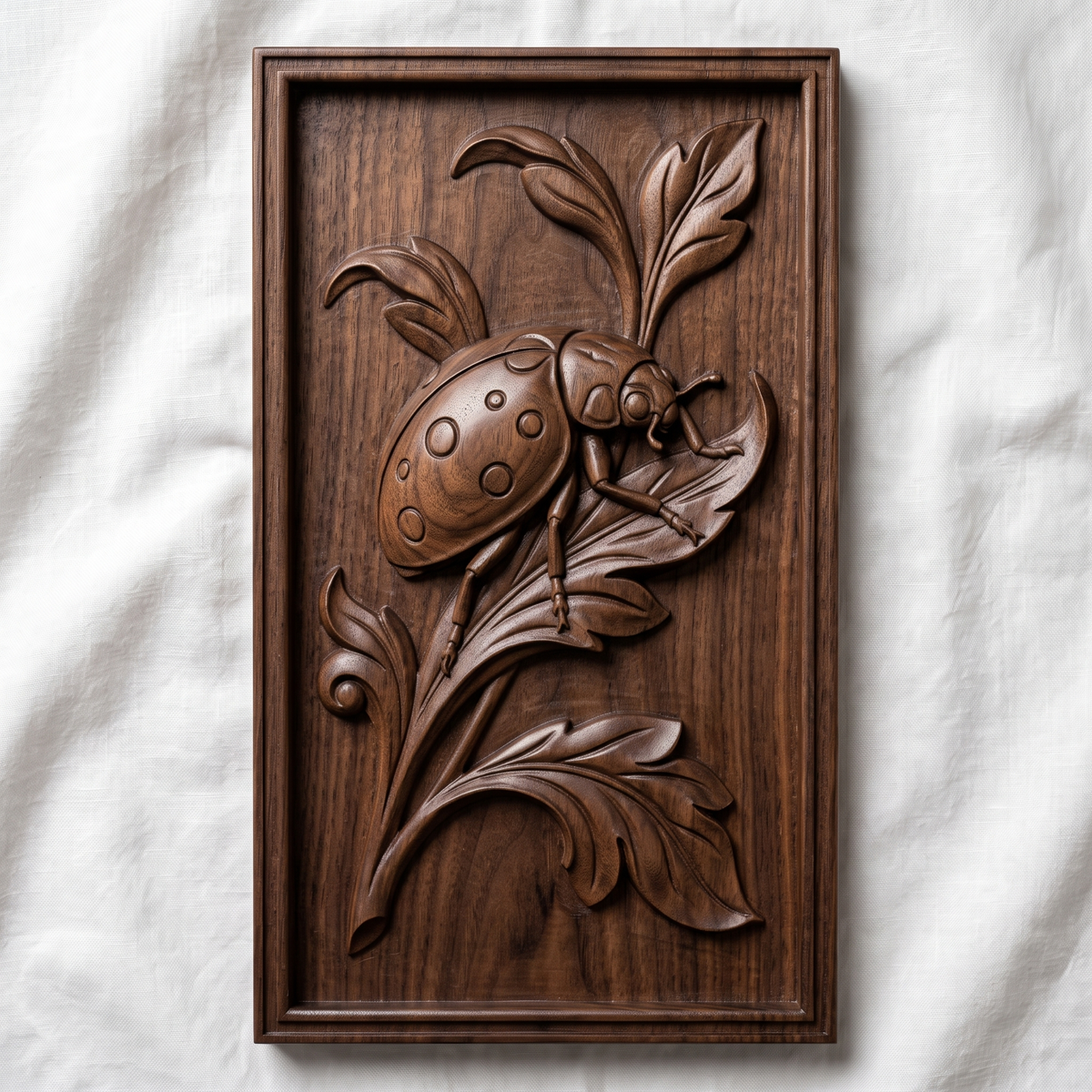 Detailed 3D bas-relief of a ladybug beetle perched on curling acanthus leaves, with raised dot patterns on its shell, delicate antennae, and jointed legs gripping a leaf tip. Carved in rich walnut wood grain with a polished satin finish, framed within a rectangular molded border. Designed for CNC relief carving, wood routing, resin casting, and 3D printing as wall decor.