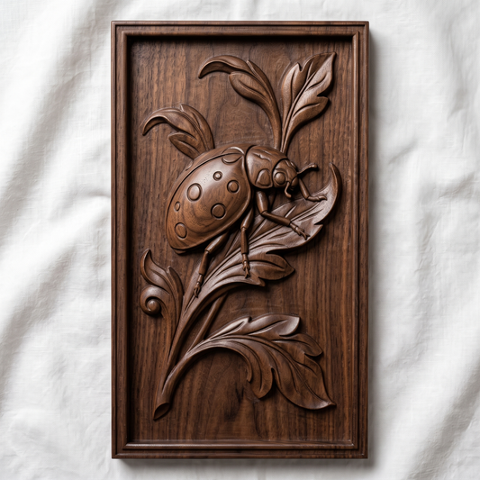 Detailed 3D bas-relief of a ladybug beetle perched on curling acanthus leaves, with raised dot patterns on its shell, delicate antennae, and jointed legs gripping a leaf tip. Carved in rich walnut wood grain with a polished satin finish, framed within a rectangular molded border. Designed for CNC relief carving, wood routing, resin casting, and 3D printing as wall decor.