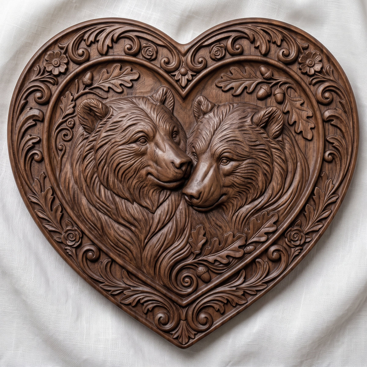Detailed 3D bas-relief of two bears nuzzling cheek to cheek with thick flowing fur, framed in a heart-shaped panel with an ornate floral scroll border, oak leaves and acorns. Shown in carved walnut wood and grey resin. Designed for CNC relief carving, woodworking and 3D printing as romantic wall decor.