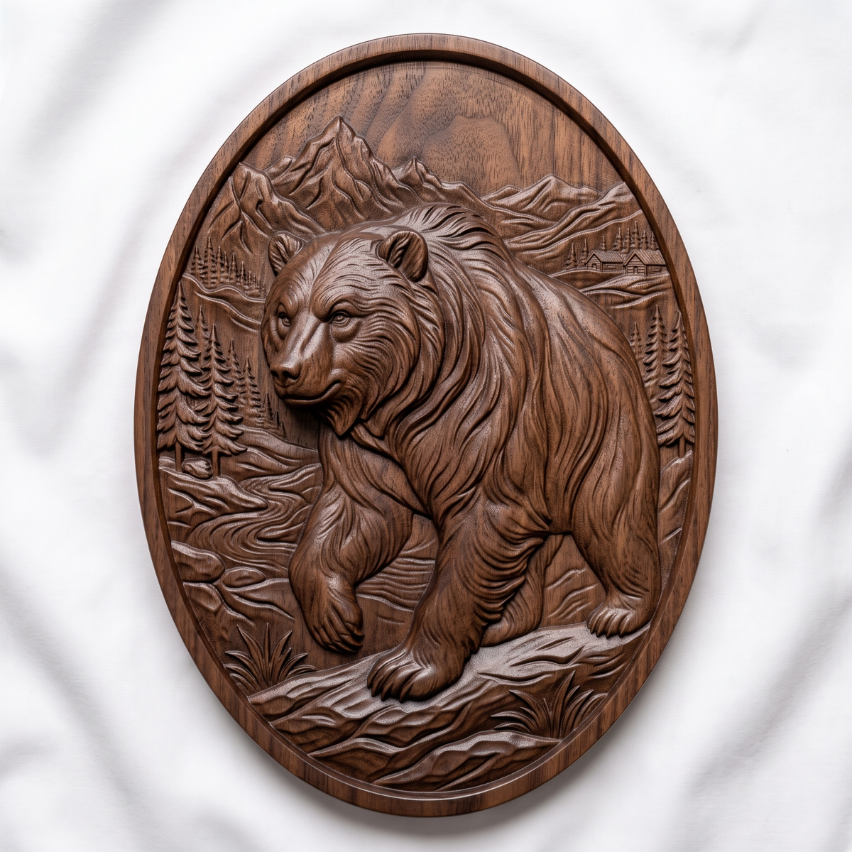 High-relief 3D bas-relief of a walking grizzly bear with flowing fur on an oval slab, set in a mountain valley with pine trees, a winding river, rocks, grass and a log cabin. Flat slab margin with no raised frame. Designed for CNC relief carving, wood routing and 3D printing as rustic cabin wall decor.