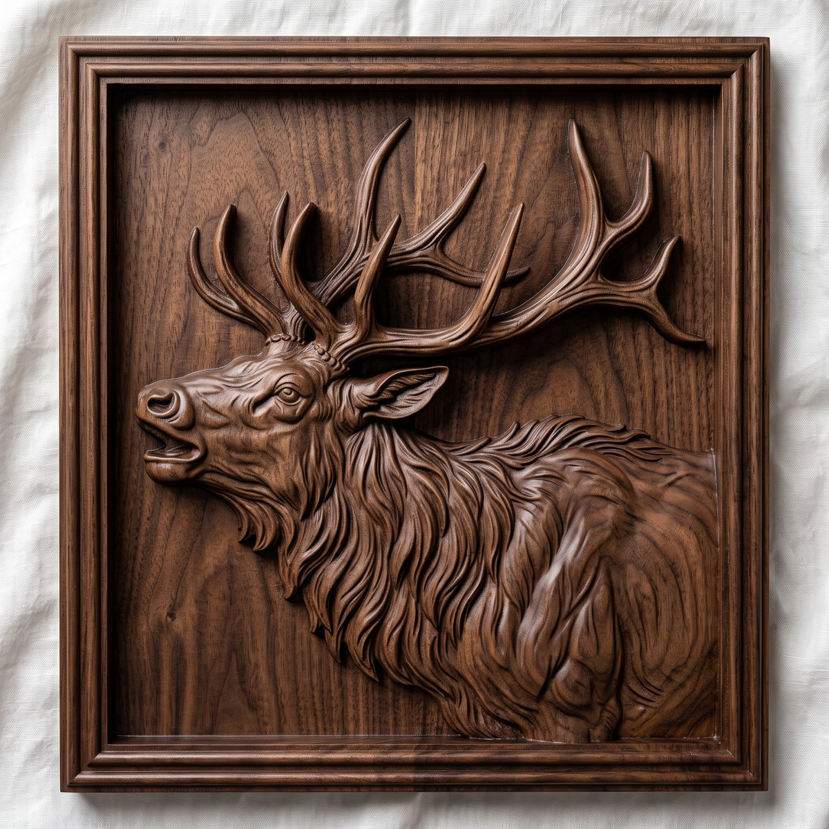 Detailed 3D bas-relief of a bugling bull elk in side profile with open mouth, large branching antlers, shaggy mane and fine fur texture. Set in a square panel with a stepped molded frame, shown in carved walnut wood. Designed for CNC relief carving, woodworking and 3D printing as rustic wildlife wall decor.