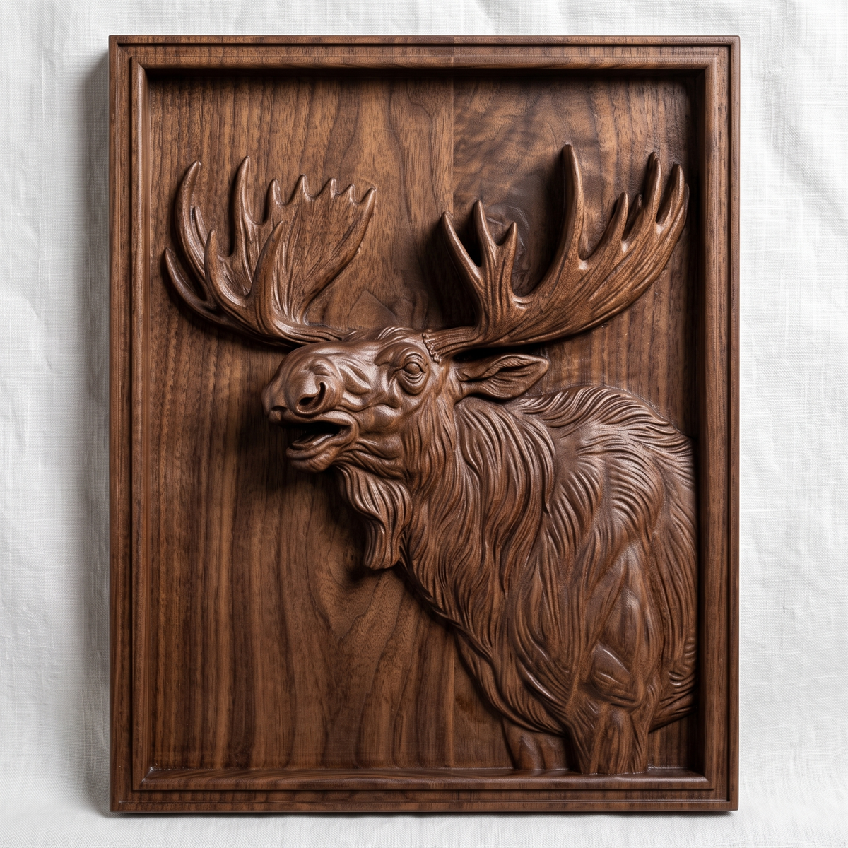 High-relief 3D bas-relief of a bellowing bull moose bust with wide palmate antlers and a shaggy mane, set in a stepped rectangular frame. Fine fur, muscle and antler detail rising from a smooth recessed background. Designed for CNC relief carving, wood routing and 3D printing as rustic wildlife wall decor for a cabin, lodge or hunting den.