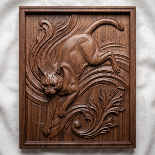 3D bas-relief of a prowling cat, captured mid-stride with an arched back and curled tail, carved amid flowing acanthus scrollwork and leafy filigree. The scene is set within a raised rectangular molded frame with clean beveled edges. Fine fur texture and muscle definition run throughout the sculpt. Designed for CNC relief carving, wood routing, and 3D printing as wall decor or a display plaque.