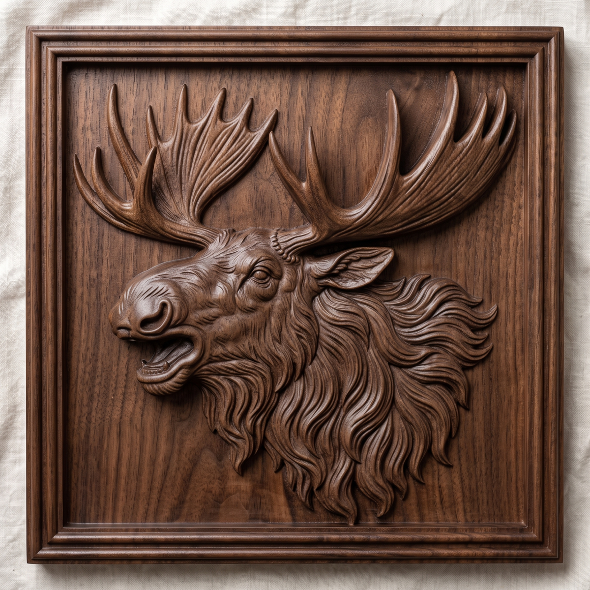 High-relief 3D bas-relief of a bugling moose head with open mouth, huge palmate antlers and a flowing shaggy mane, set in a square framed plaque with a stepped molded border and flat recessed background. Fine fur and antler grain detail with layered relief. Designed for CNC relief carving, wood routing and 3D printing as rustic wildlife wall decor for a cabin, lodge or hunting den.