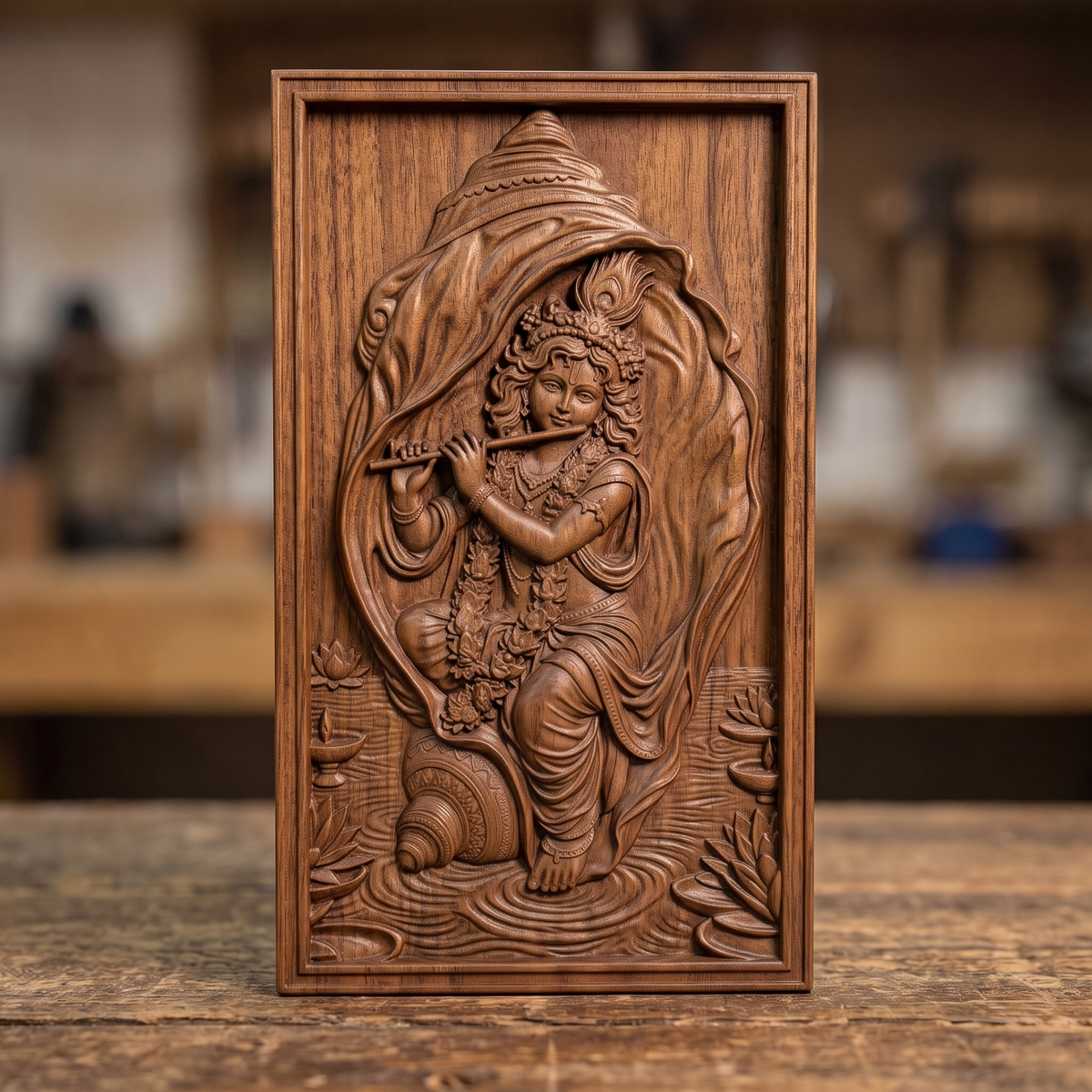 Bas-relief of Krishna playing a flute beneath a flowing conch-shell canopy, wearing a peacock feather crown, floral garlands, and bangles. Lotus flowers and oil lamps rest in rippling water below, carved in rich wood-grain texture within a rectangular frame. Designed for CNC relief carving, wood routing, and 3D printing as devotional wall decor.