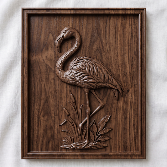 Detailed 3D bas-relief of a flamingo standing on one leg among tall cattails and reeds, long curved neck lowered, carved in rich walnut wood with fine feather and grain texture. Set within a molded rectangular picture-frame border. Designed for CNC relief carving, wood routing, and 3D printing as wetland wall decor.