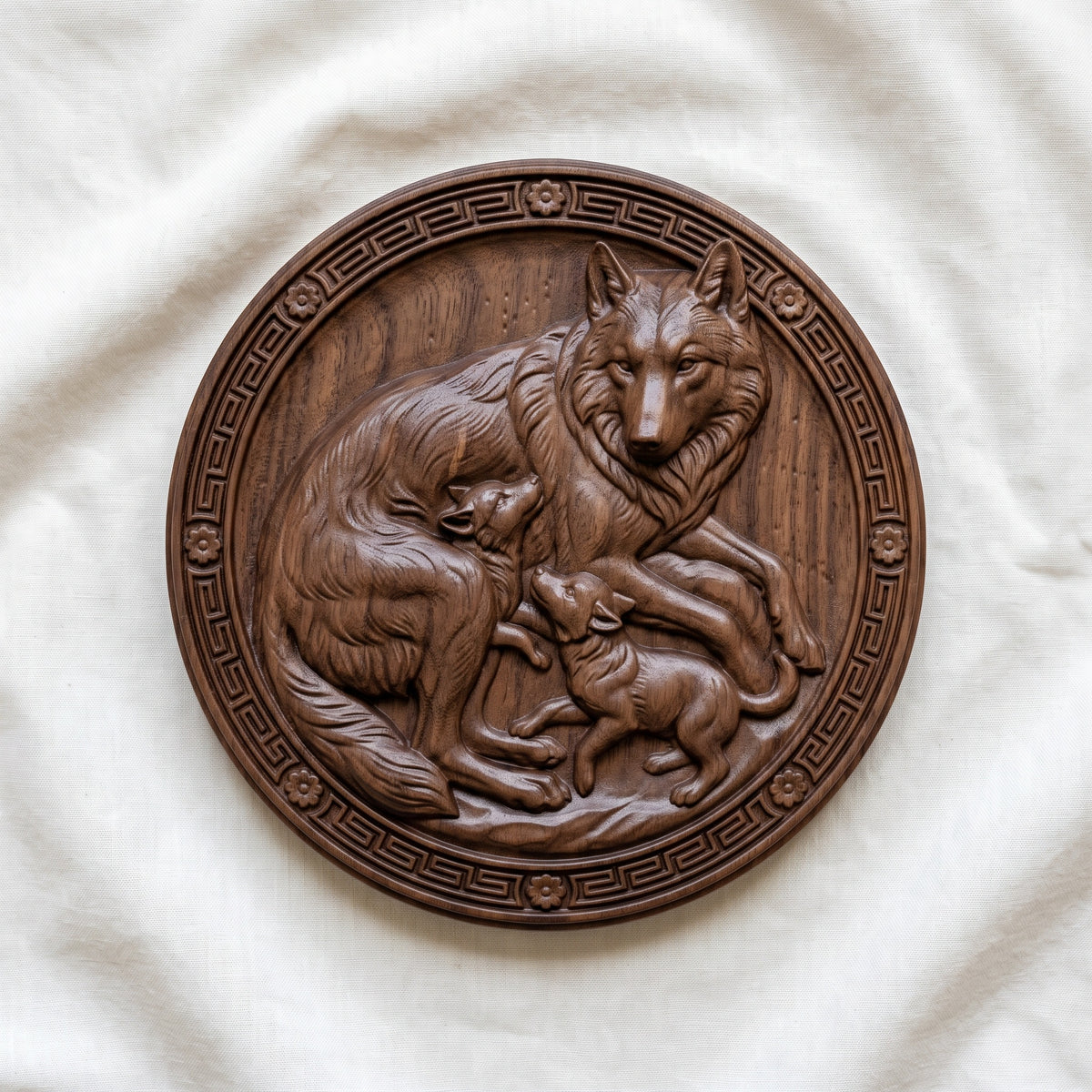 Detailed 3D bas-relief of a mother wolf resting with two playful pups, set inside a round medallion framed by a raised Greek key border and four floral rosettes. Soft fur texture and sculpted paws stand out against a smooth backing panel. Designed for CNC relief carving, wood routing, and 3D printing as nursery or family wall decor.