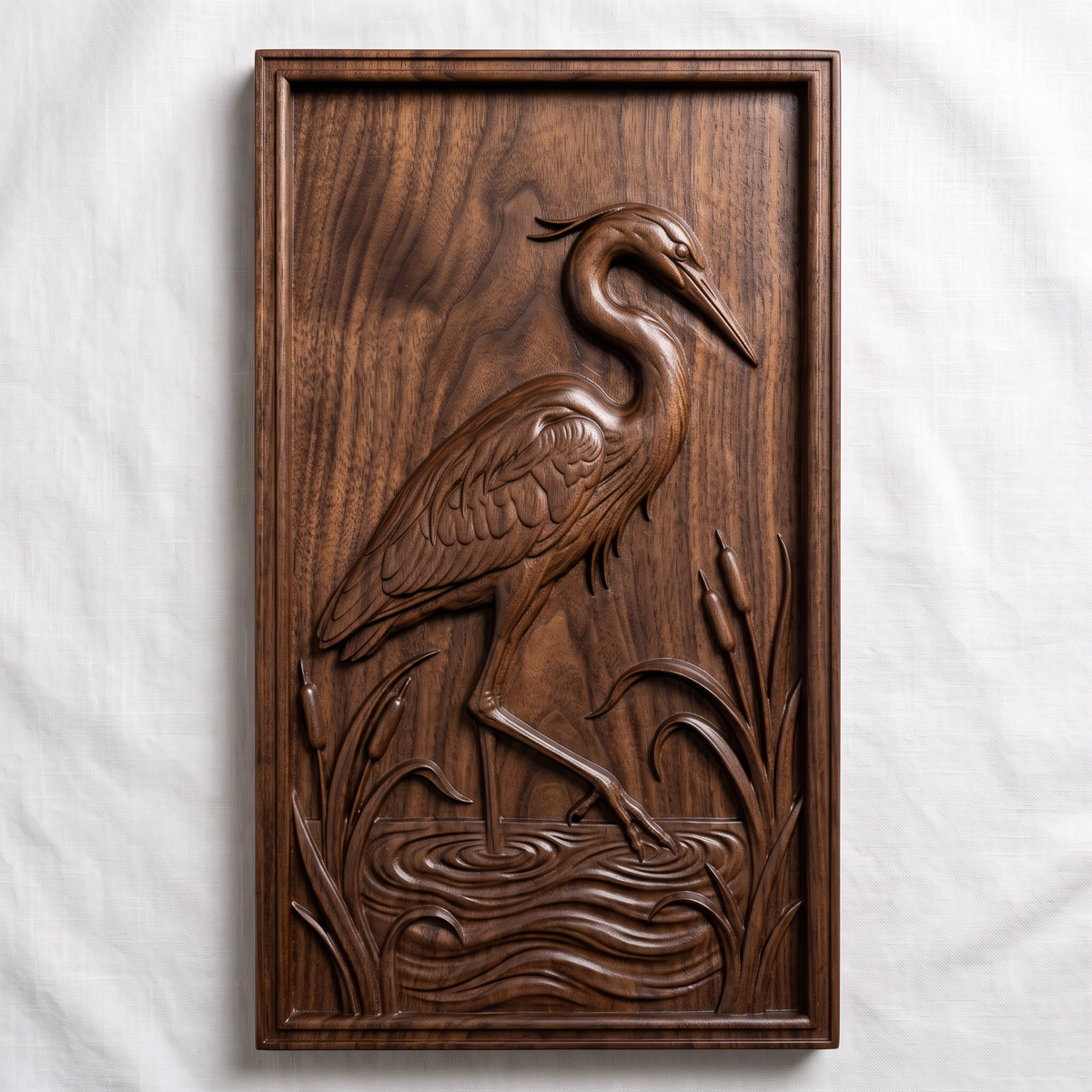 Detailed 3D bas-relief of a great blue heron wading in a marsh, one leg raised above rippling water, feathers and neck carved with fine texture. Tall cattails and reed grasses frame both sides of the bird within a rectangular molded border. Available in walnut wood and grey resin finishes. Designed for CNC relief carving, wood routing, and 3D printing as wildlife wall decor.