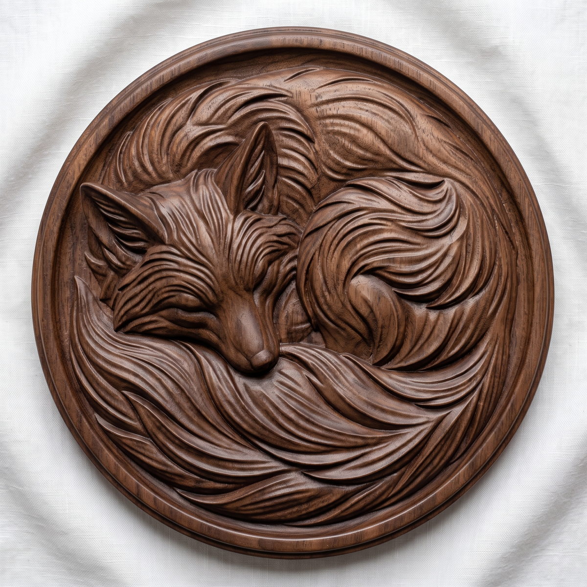 Detailed 3D bas-relief of a fox curled asleep nose to tail, eyes closed, ears laid back against a thick brush tail that sweeps around the body. Long flowing fur strands fill the recessed panel, framed by a plain raised circular rim. Carved wood texture in high relief. Designed for CNC relief carving, wood routing, and 3D printing as woodland nursery and cabin wall decor.