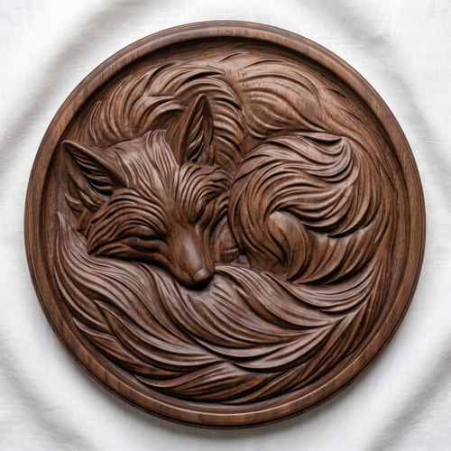 Sleeping Fox STL 3D Model, Round Medallion Plaque, CNC Relief, Digital Download