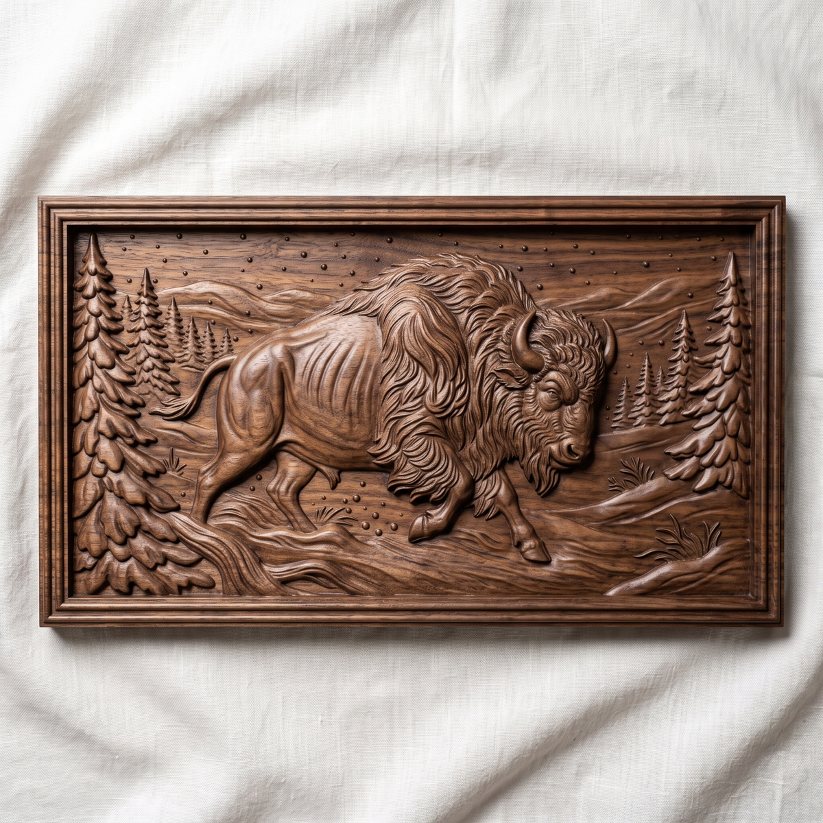 Detailed 3D bas-relief of a powerful bison charging through deep snow, head lowered with curved horns, shaggy mane and one front hoof raised. Snowy pine trees line both sides, rolling hills and falling snowflakes fill the sky, and snow sprays near the hooves. Set in a rectangular panel with a stepped molded frame. Designed for CNC relief carving, wood routing and 3D printing as rustic cabin wall decor.