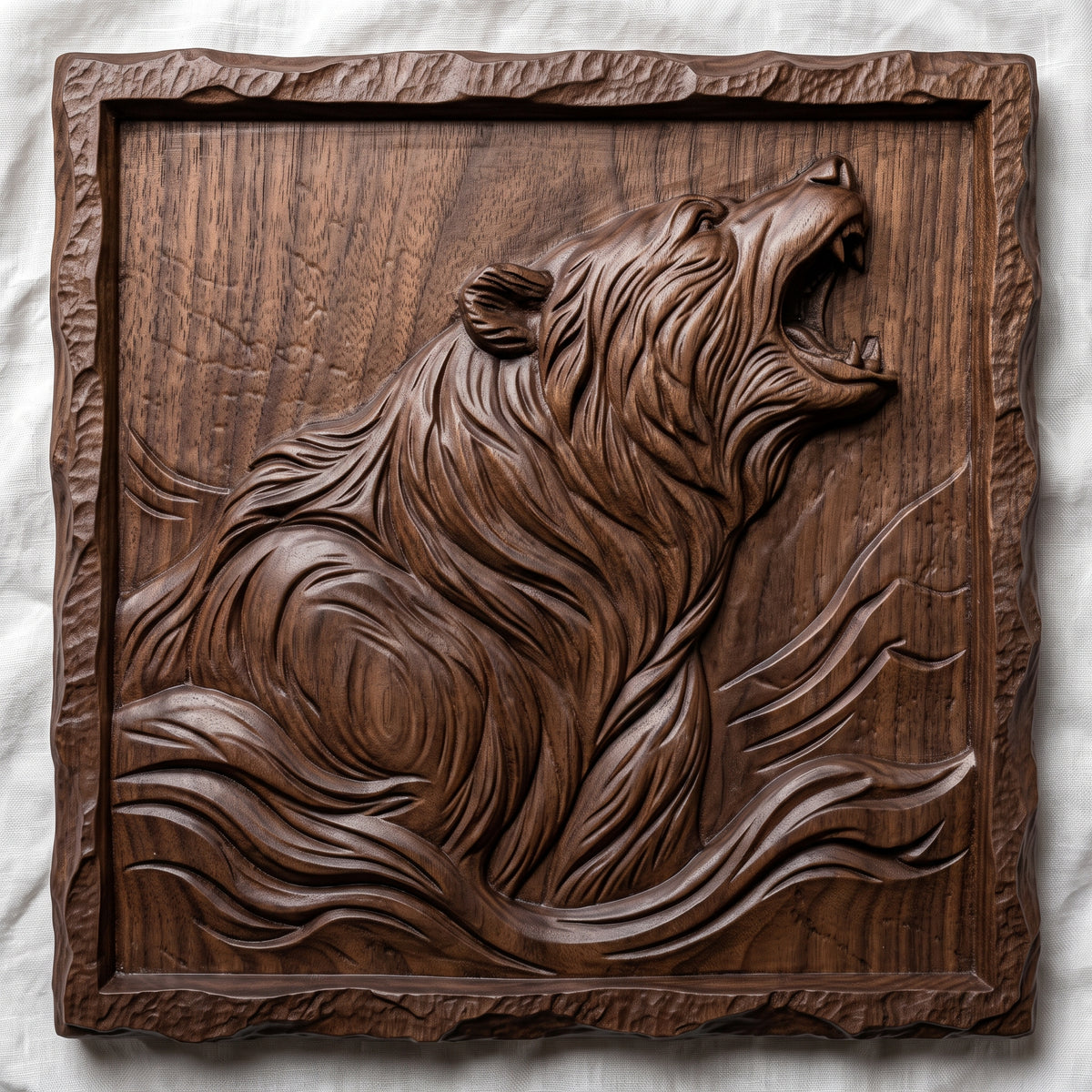 Detailed 3D bas-relief of a roaring bear with head raised and mouth open, thick flowing fur and mountain ridges behind. Set in a square panel with a rough hewn stone style border around a recessed field. Shown in carved walnut wood and grey resin. Designed for CNC relief carving, woodworking and 3D printing as rustic cabin and wildlife wall decor.