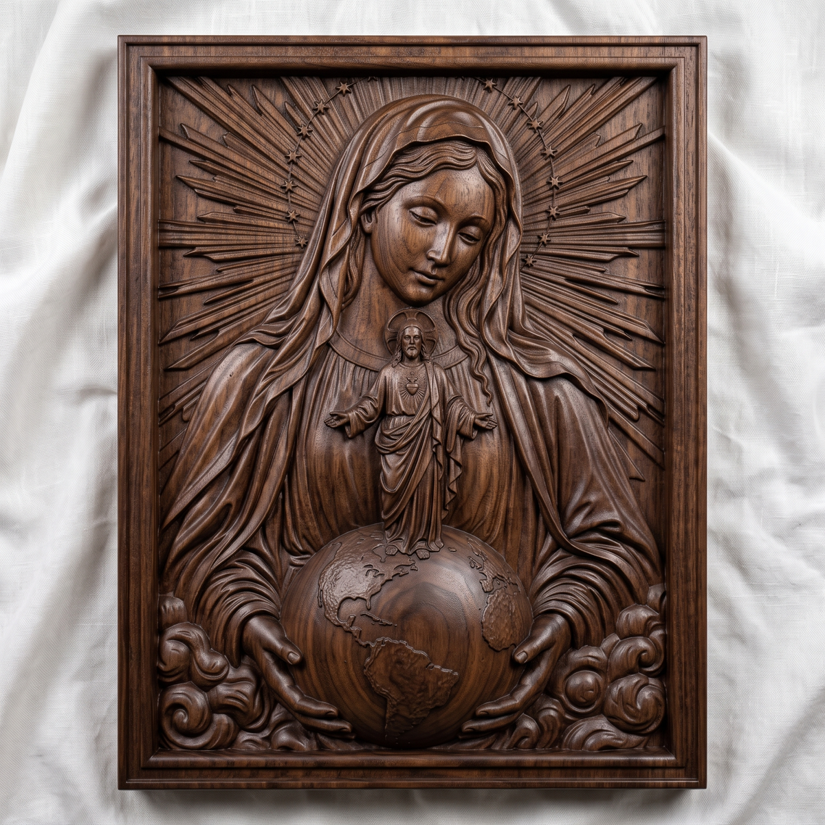 Bas-relief of the Virgin Mary with a radiant sunburst halo ringed by stars, gently gazing down as she holds the world in her open hands. The Sacred Heart of Jesus stands atop the globe with arms outstretched, haloed and robed, carved in fine wood-grain texture. Continents are detailed on the globe, framed by soft clouds below within a rectangular molded border. Designed for CNC relief carving, wood routing, and 3D printing as devotional wall decor.