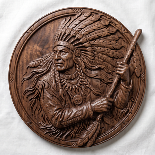 Native American Chief STL 3D Model, Round Medallion CNC Relief, Digital Download