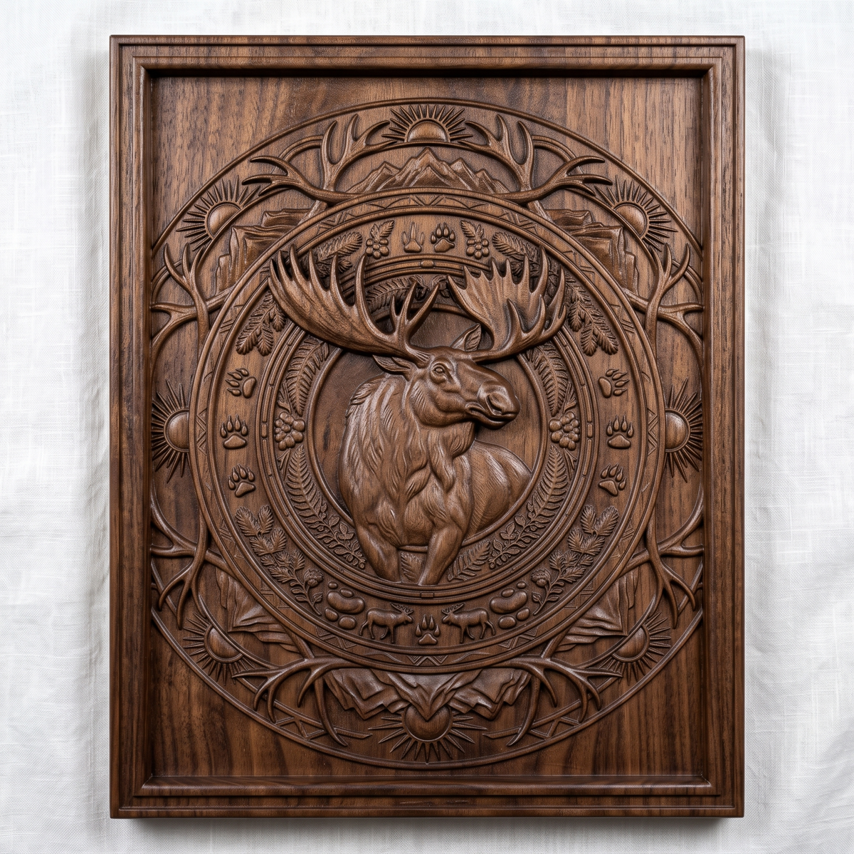 High-relief 3D bas-relief of a bull moose inside a circular mandala medallion of antlers, mountains, rising suns, ferns, berries and paw prints, set in a stepped rectangular frame. Fine fur, muscle and antler detail with layered rings rising from a smooth background. Designed for CNC relief carving, wood routing and 3D printing as rustic wildlife wall decor for a cabin, lodge or hunting den.